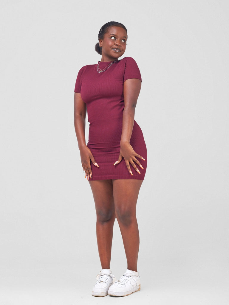 Carrie Wahu X SZ Seamless Mock Neck S/S Dress - Wine - Shopzetu