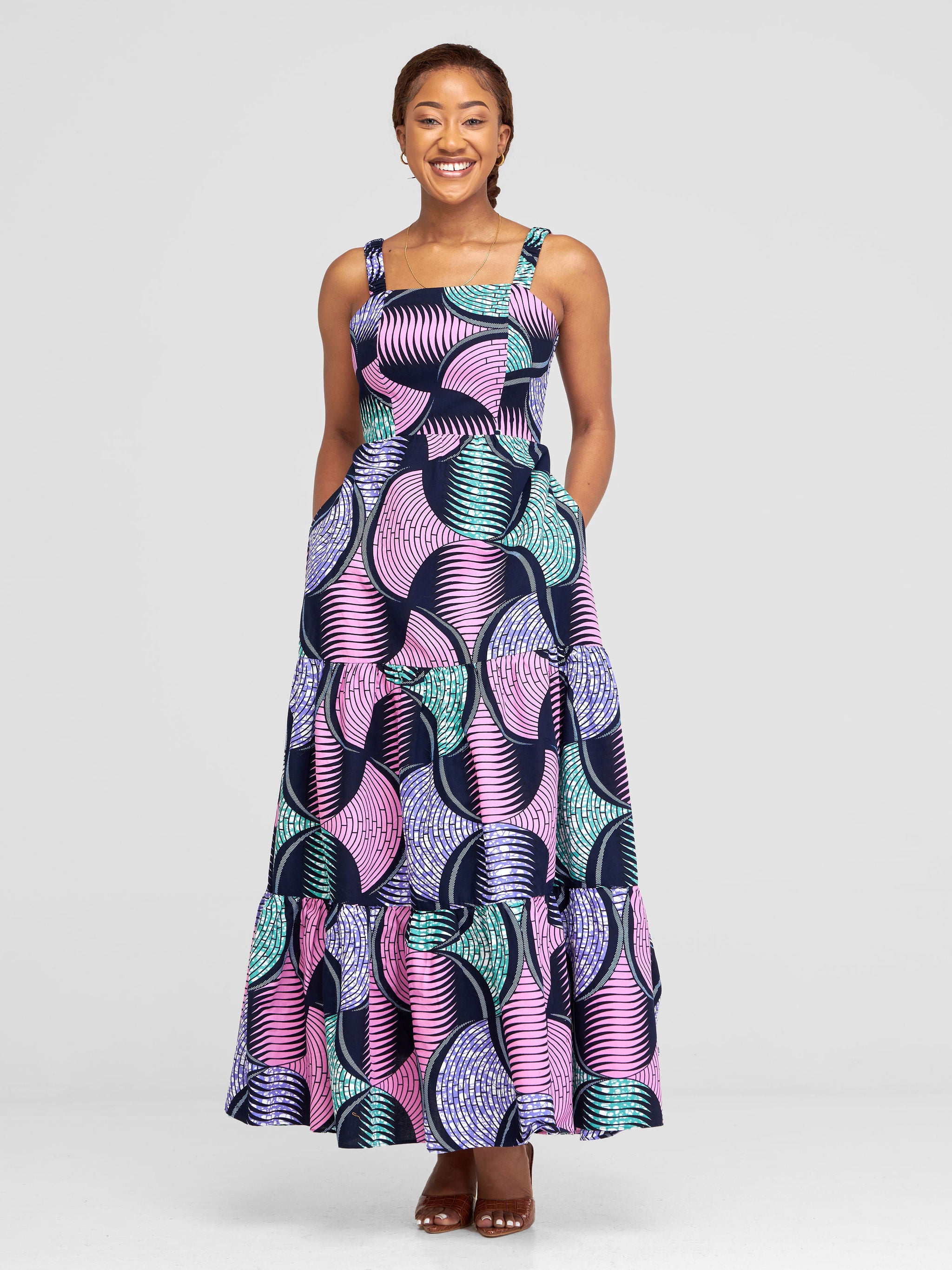 Safari Anga Strappy Tie Back Maxi Dress - Pink / Green Ankara Print