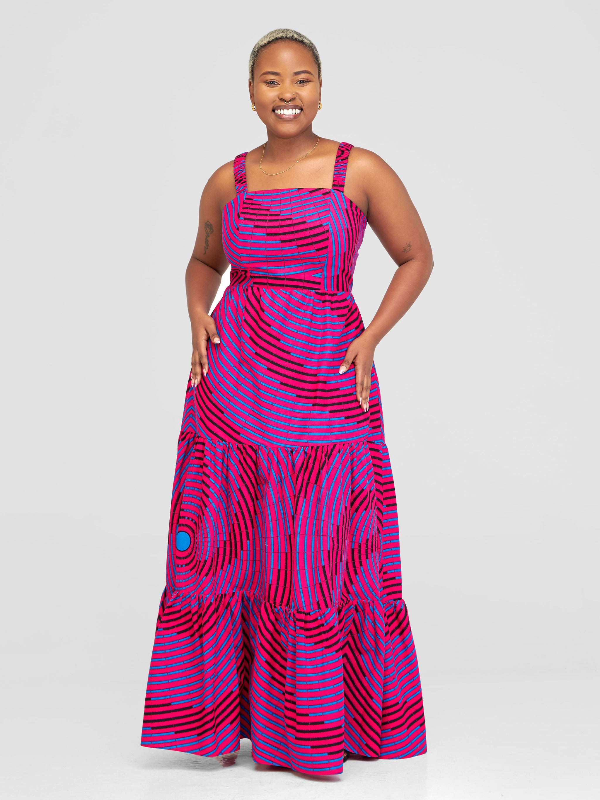 Safari Anga Strappy Tie Back Maxi Dress - Pink / Blue Ankara Print