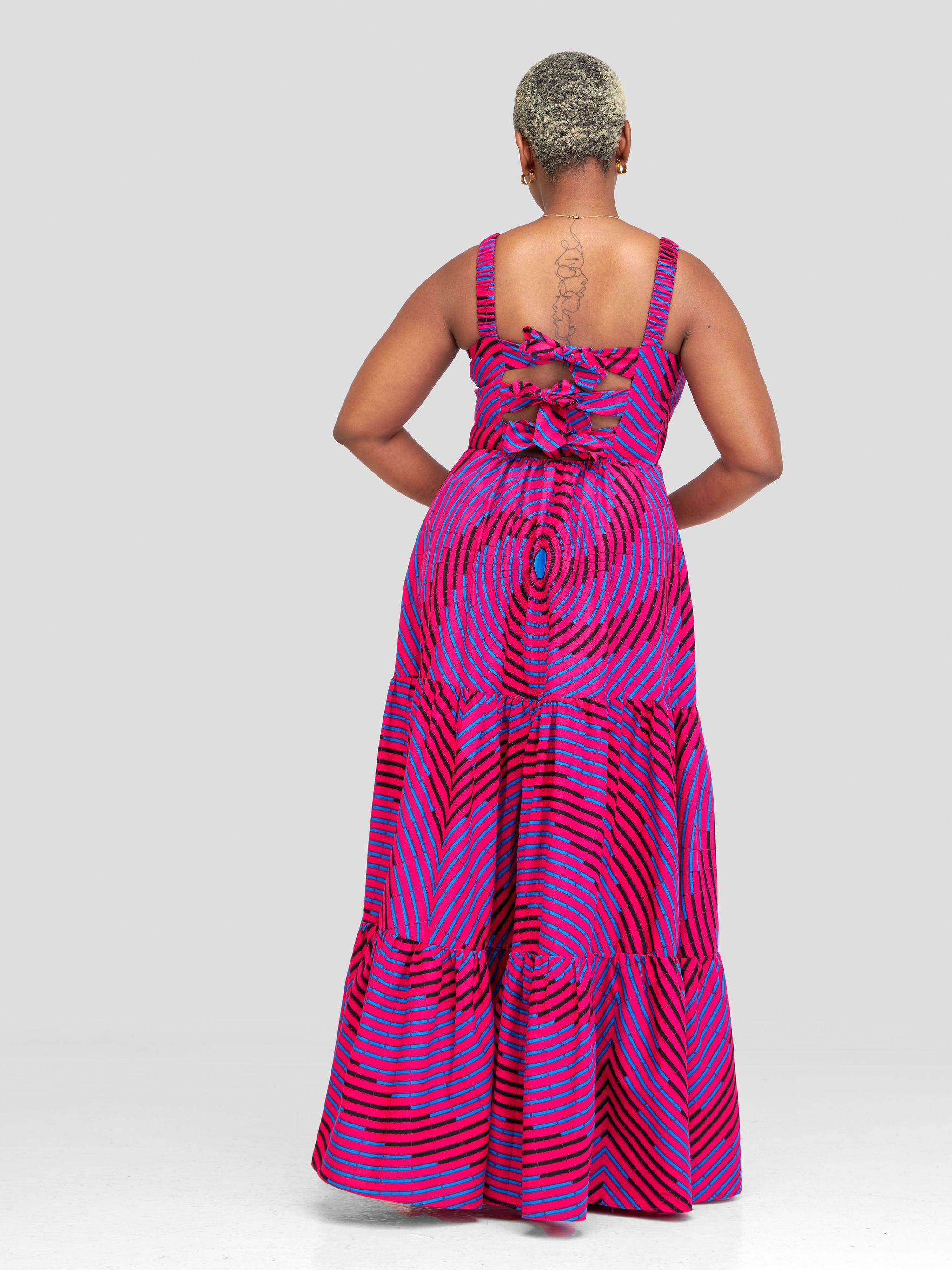 Safari Anga Strappy Tie Back Maxi Dress - Pink / Blue Ankara Print