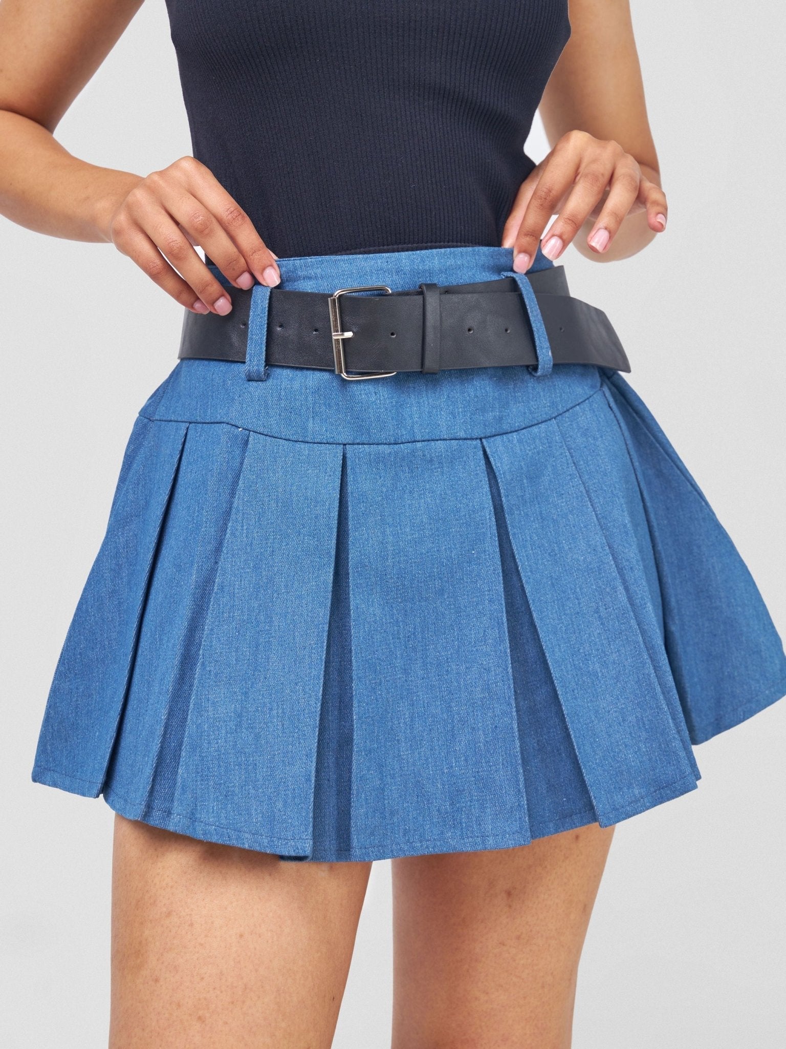 Carrie Wahu X SZ Denim Skater Skirt With Belt - Light Blue - Shopzetu