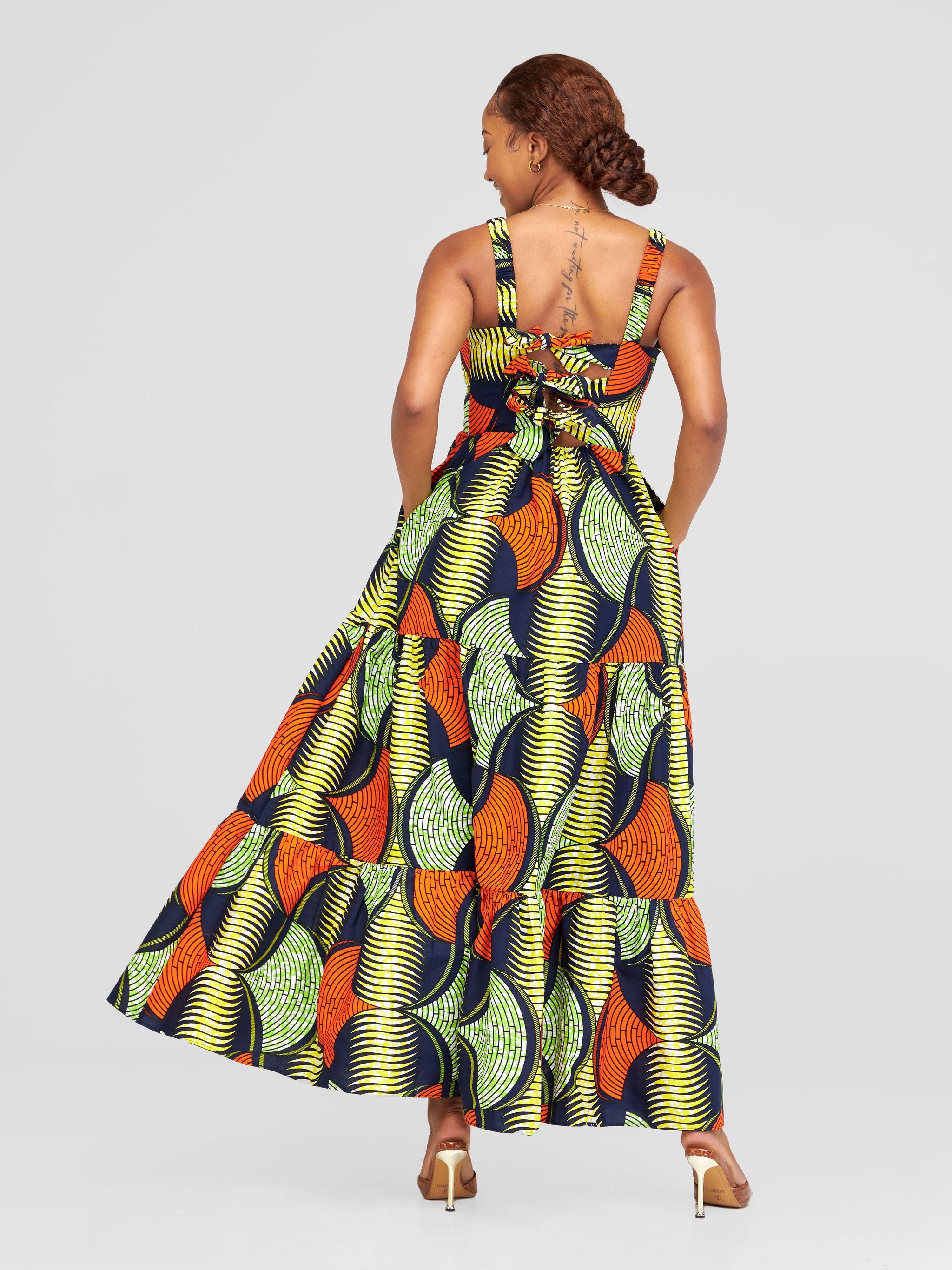 Safari Anga Strappy Tie Back Maxi Dress - Yellow / Orange Ankara Print