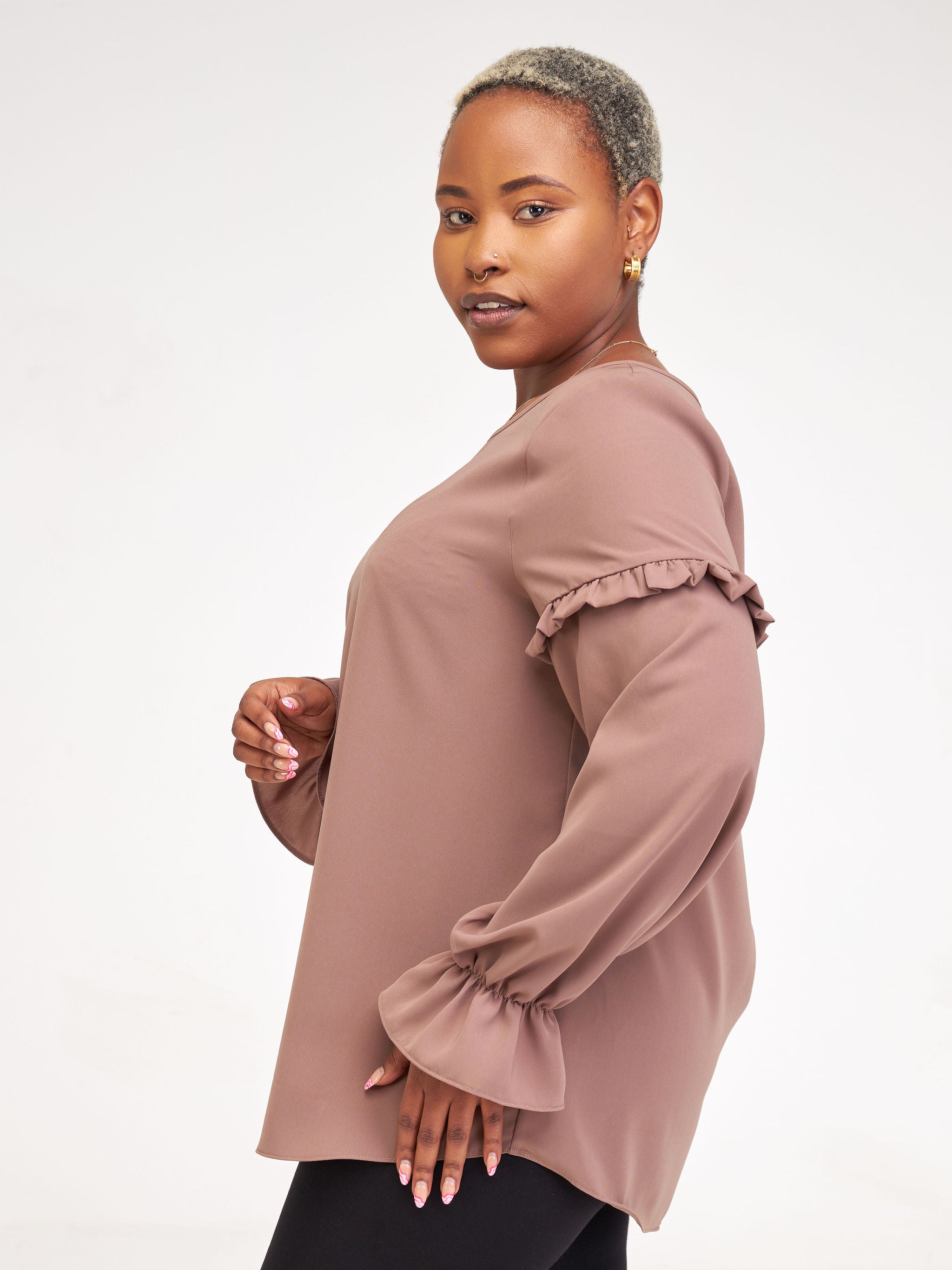 Vivo Ziwa Long Sleeve Ruffled Top - Dark Taupe