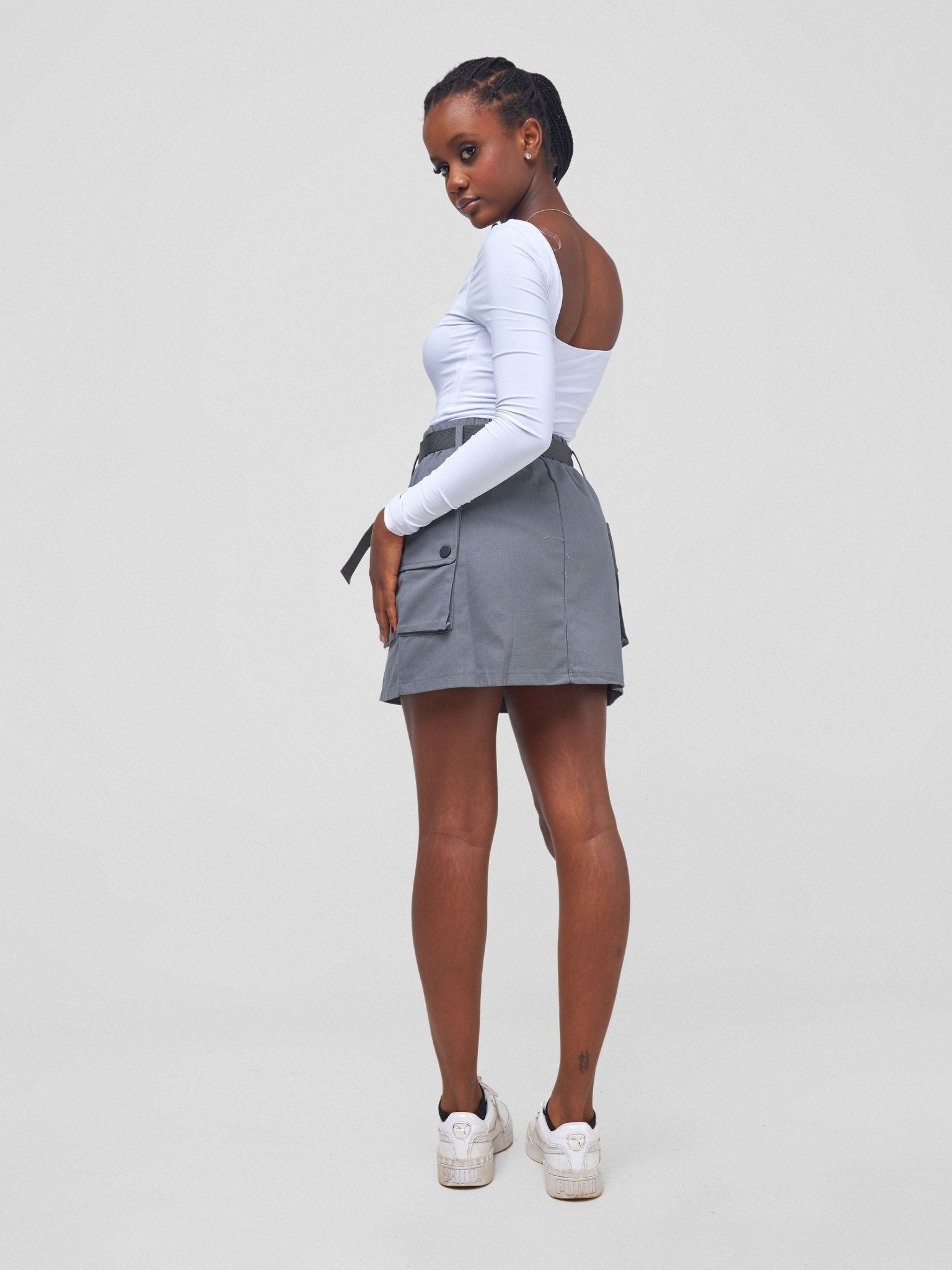Carrie Wahu X SZ Vintage Highwaisted Large Pockets Cargo Mini Skirt - Grey - Shopzetu
