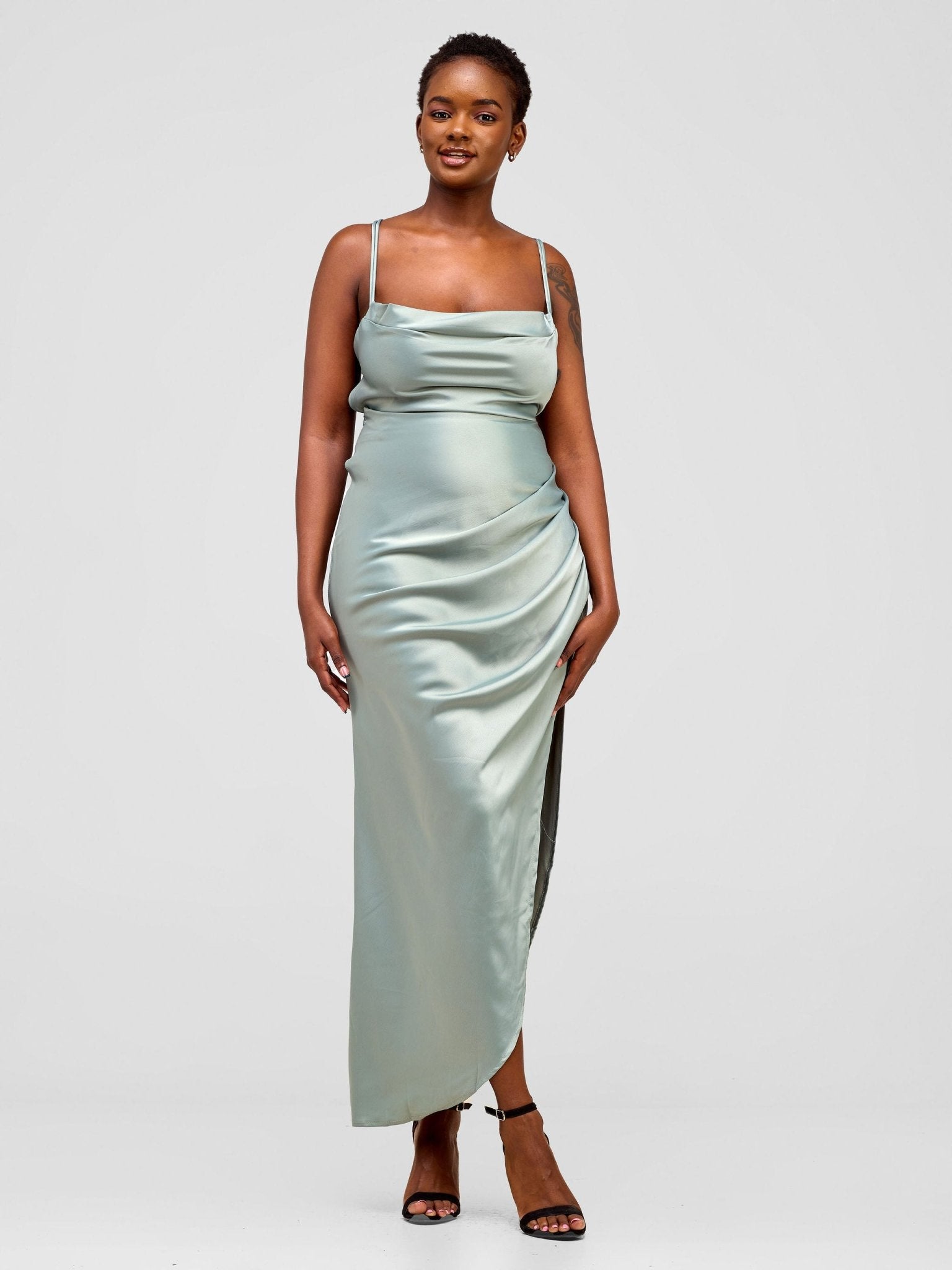 Lola Backless Strappy Satin Dress With High Side Slit - Aqua - Shopzetu