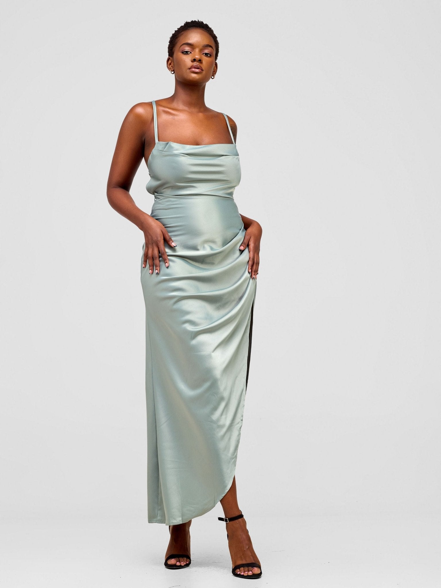 Lola Backless Strappy Satin Dress With High Side Slit - Aqua - Shopzetu