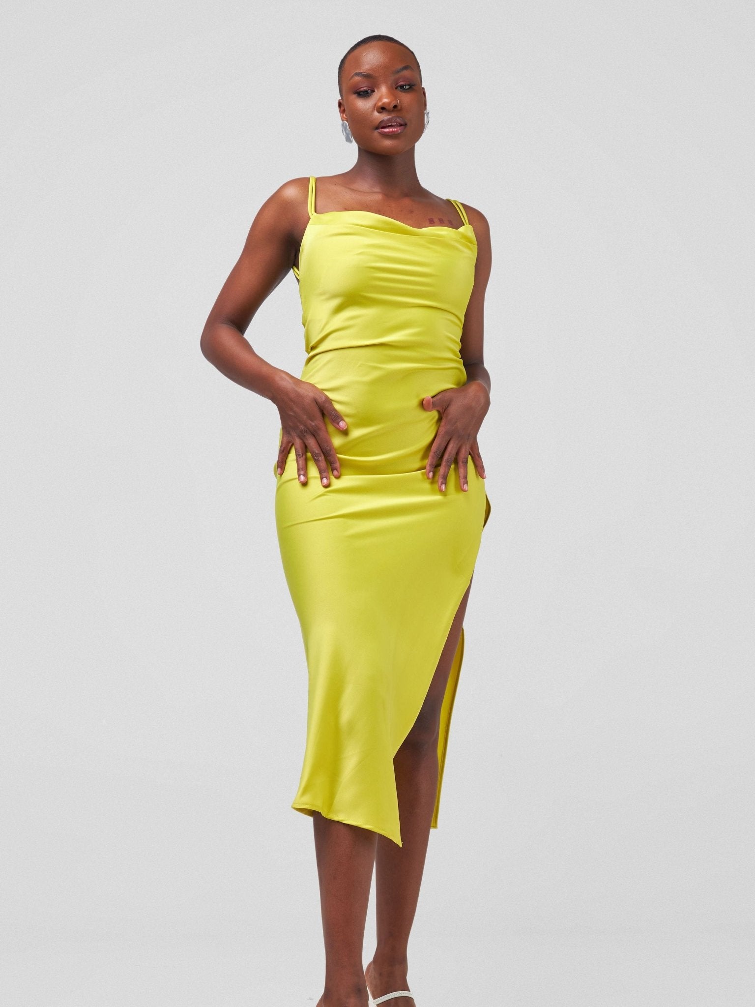 Carrie Wahu X SZ Long Satin Double Strap Dress - Lime - Shopzetu