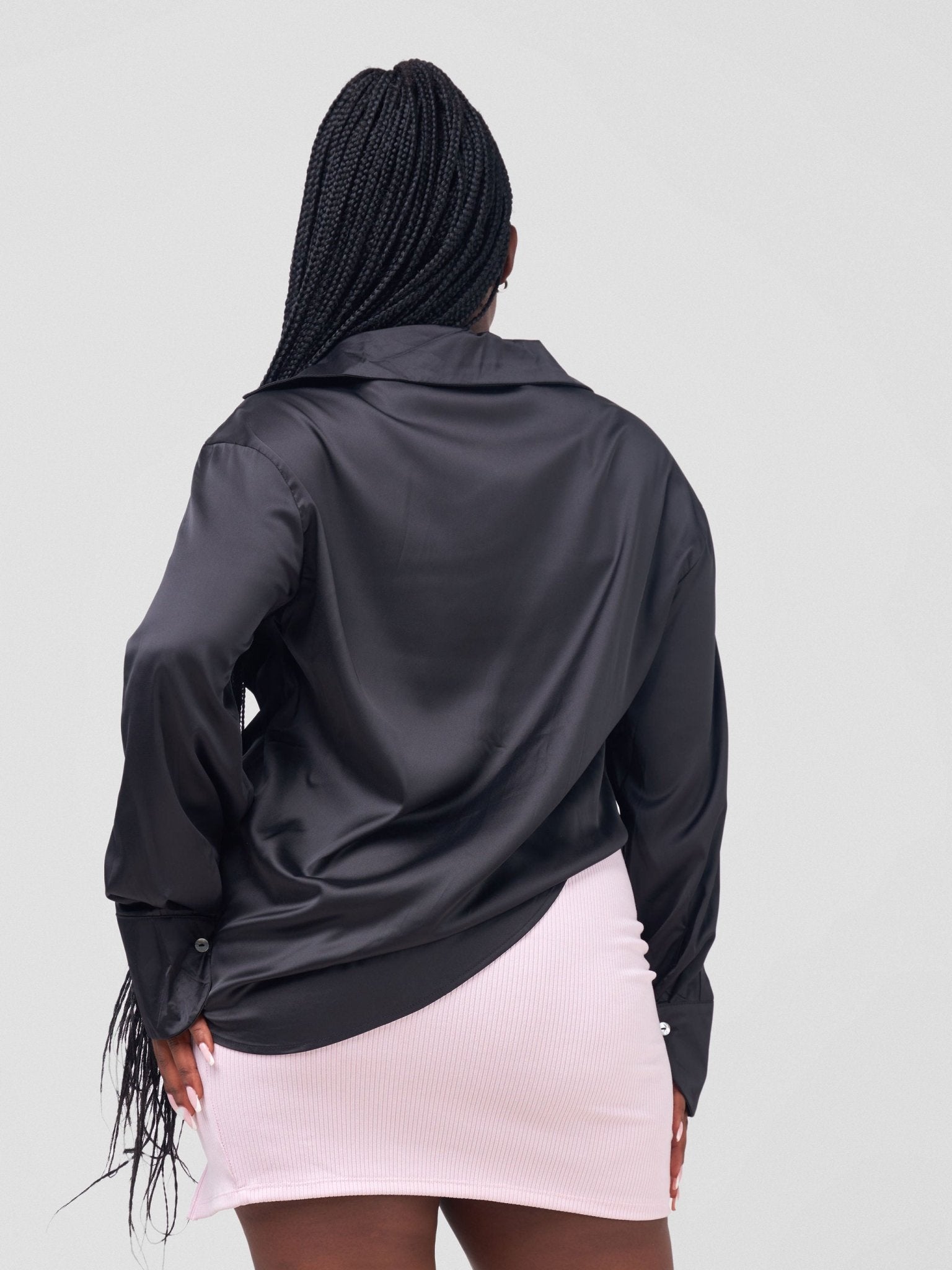 Carrie Wahu X SZ Long Sleeved Button Down Satin Shirt - Black - Shopzetu