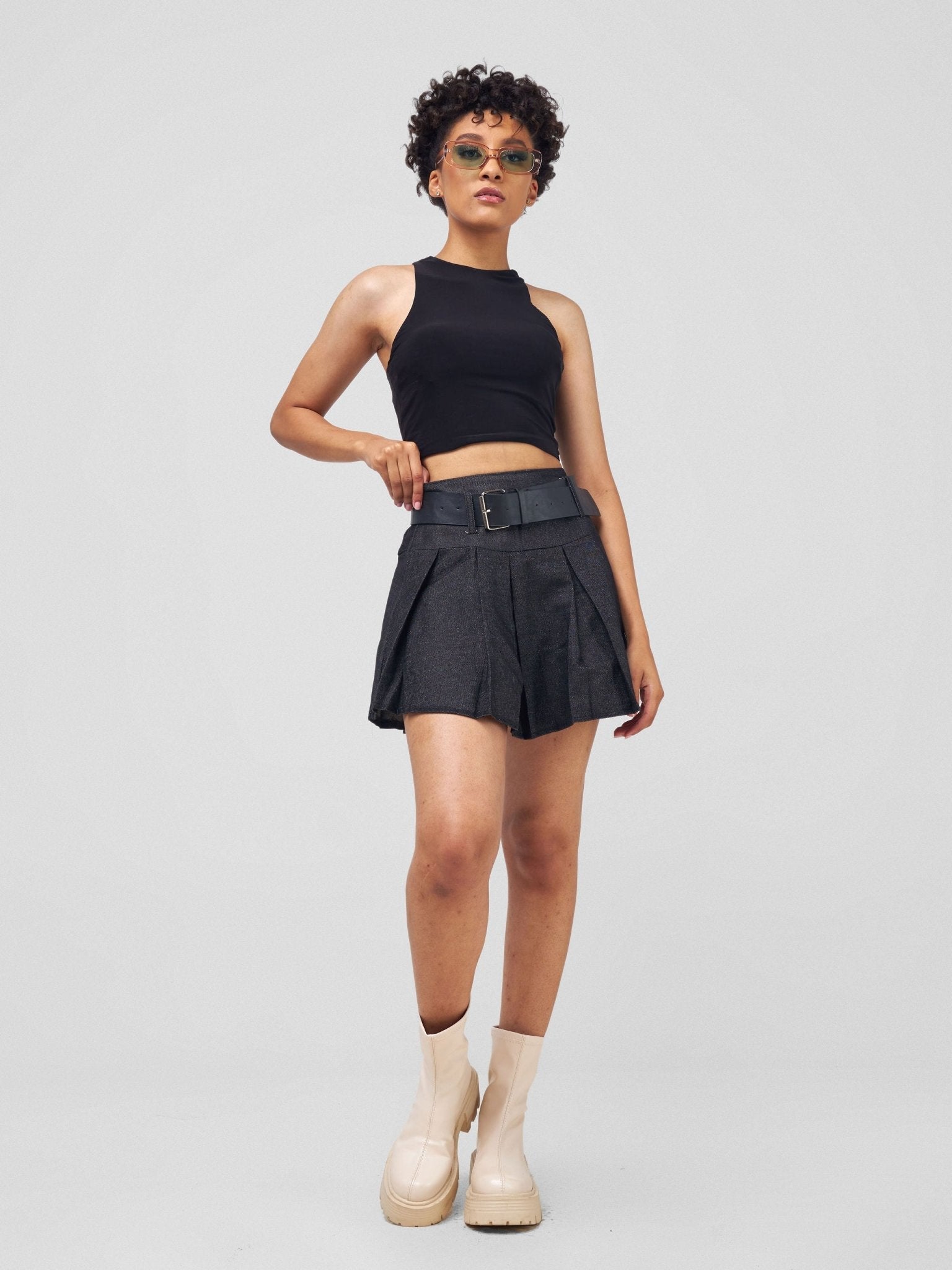 Carrie Wahu X SZ Denim Skater Skirt With Belt - Black - Shopzetu