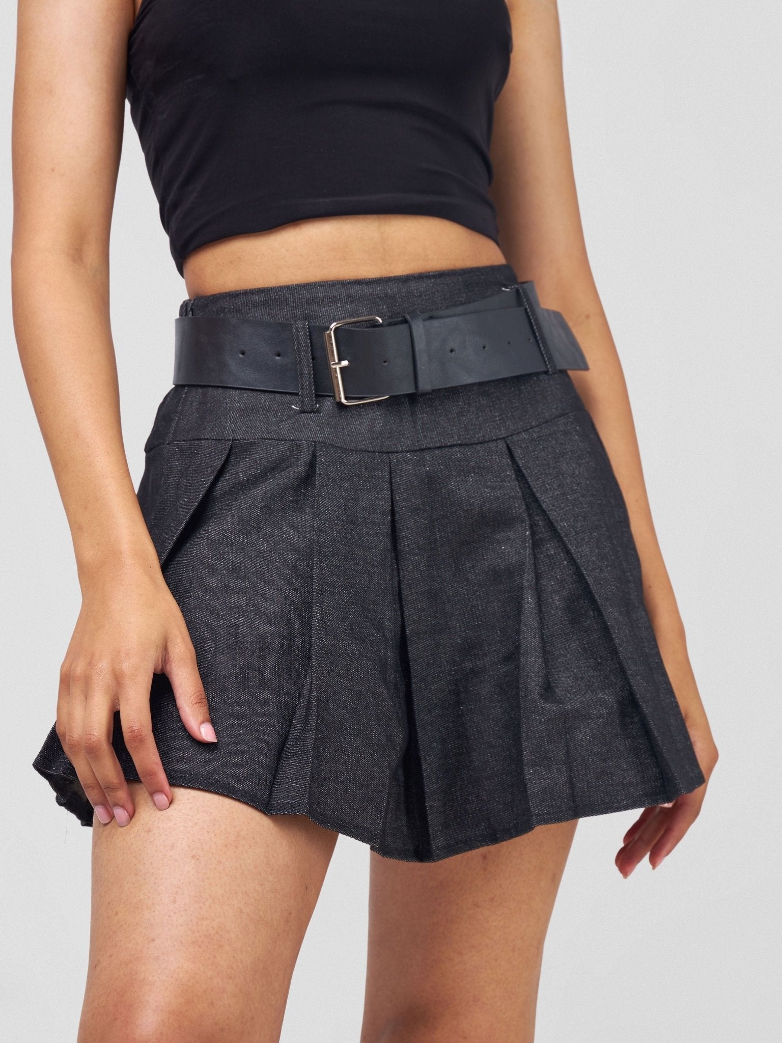 Carrie Wahu X SZ Denim Skater Skirt With Belt - Black - Shopzetu