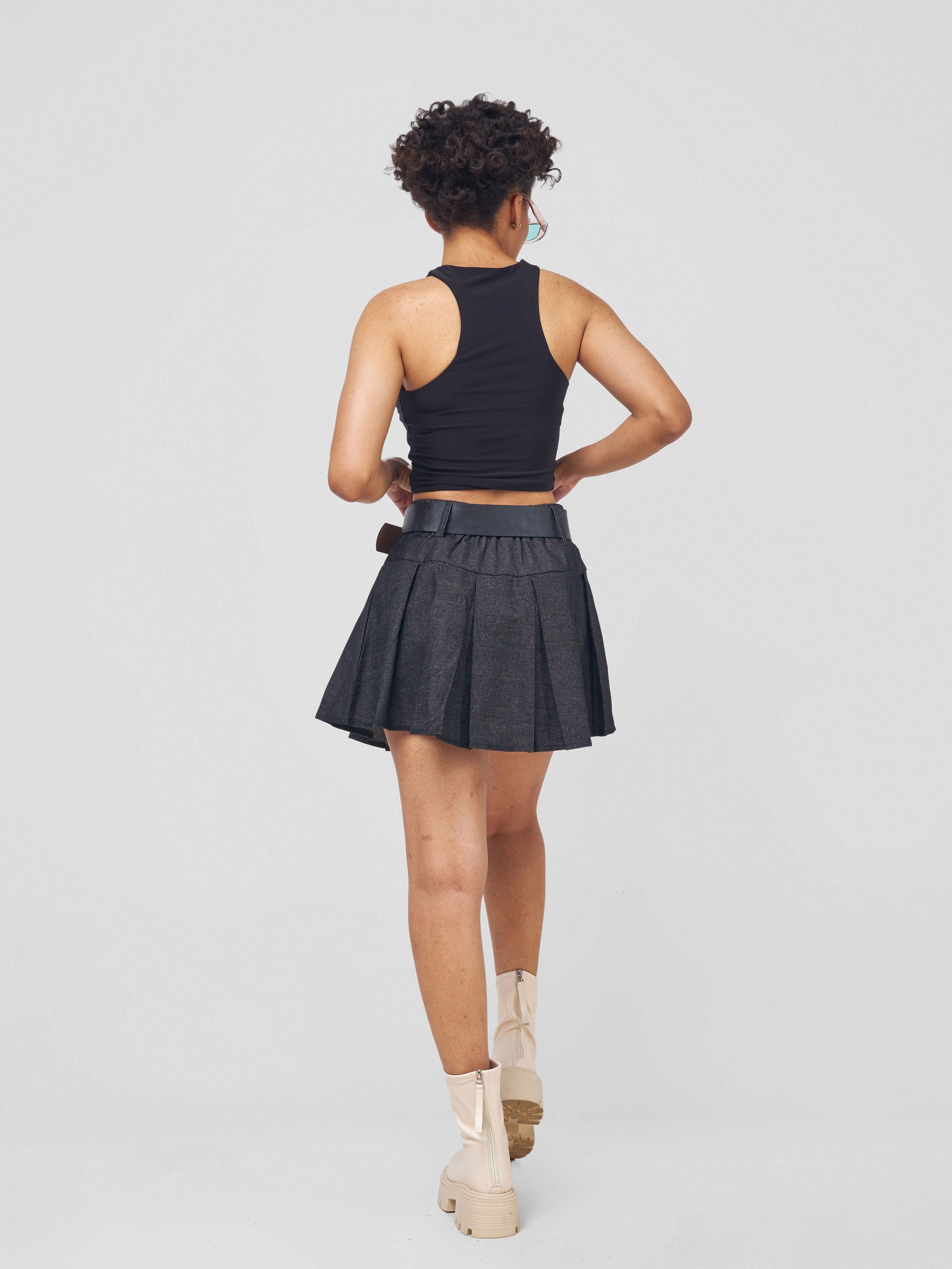 Anika Denim Skater Skirt With Belt - Black