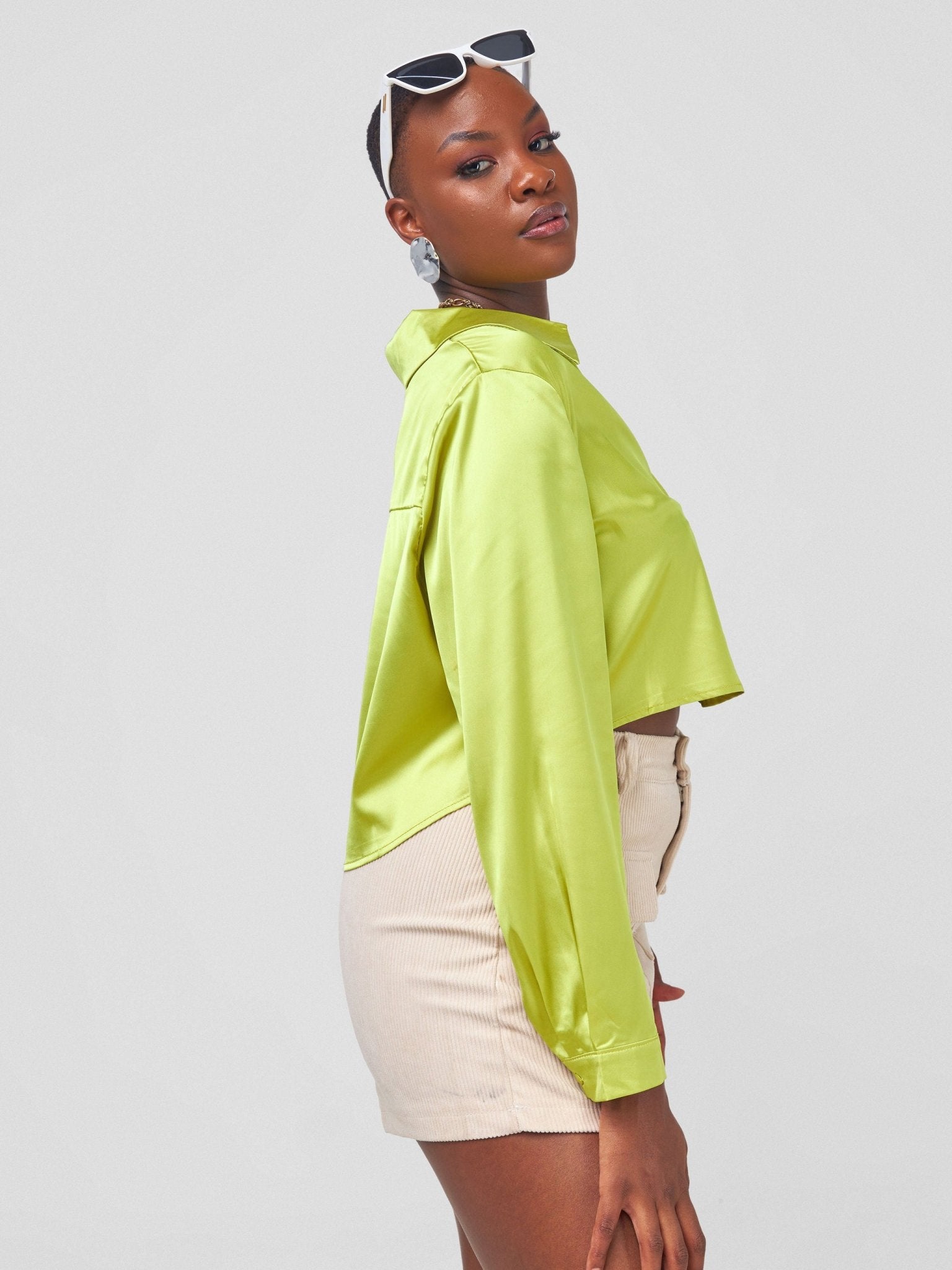 Carrie Wahu X SZ Cropped High Low Satin Shirt - Neon Green - Shopzetu