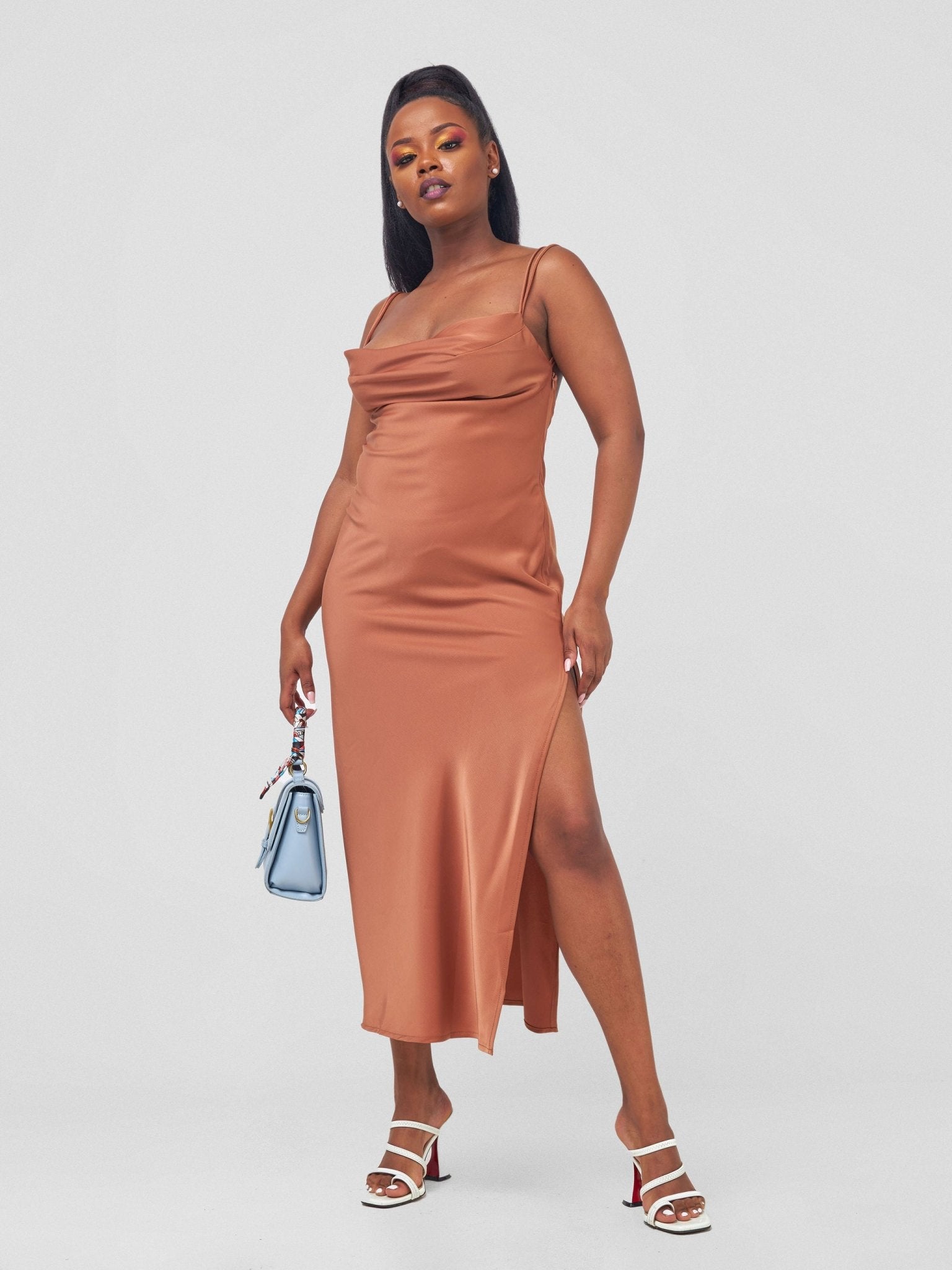 Carrie Wahu X SZ Long Satin Double Strap Dress - Copper - Shopzetu