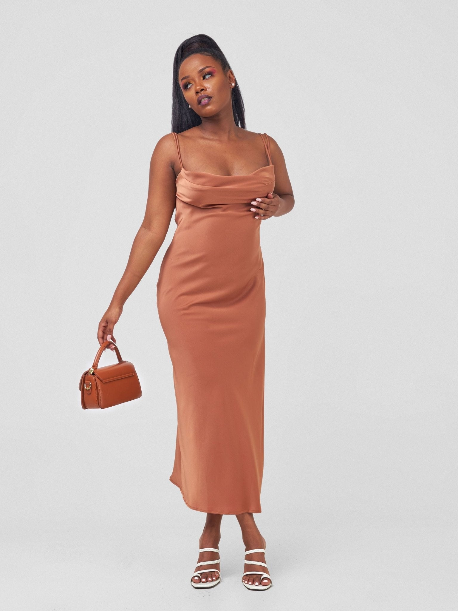 Carrie Wahu X SZ Long Satin Double Strap Dress - Copper - Shopzetu