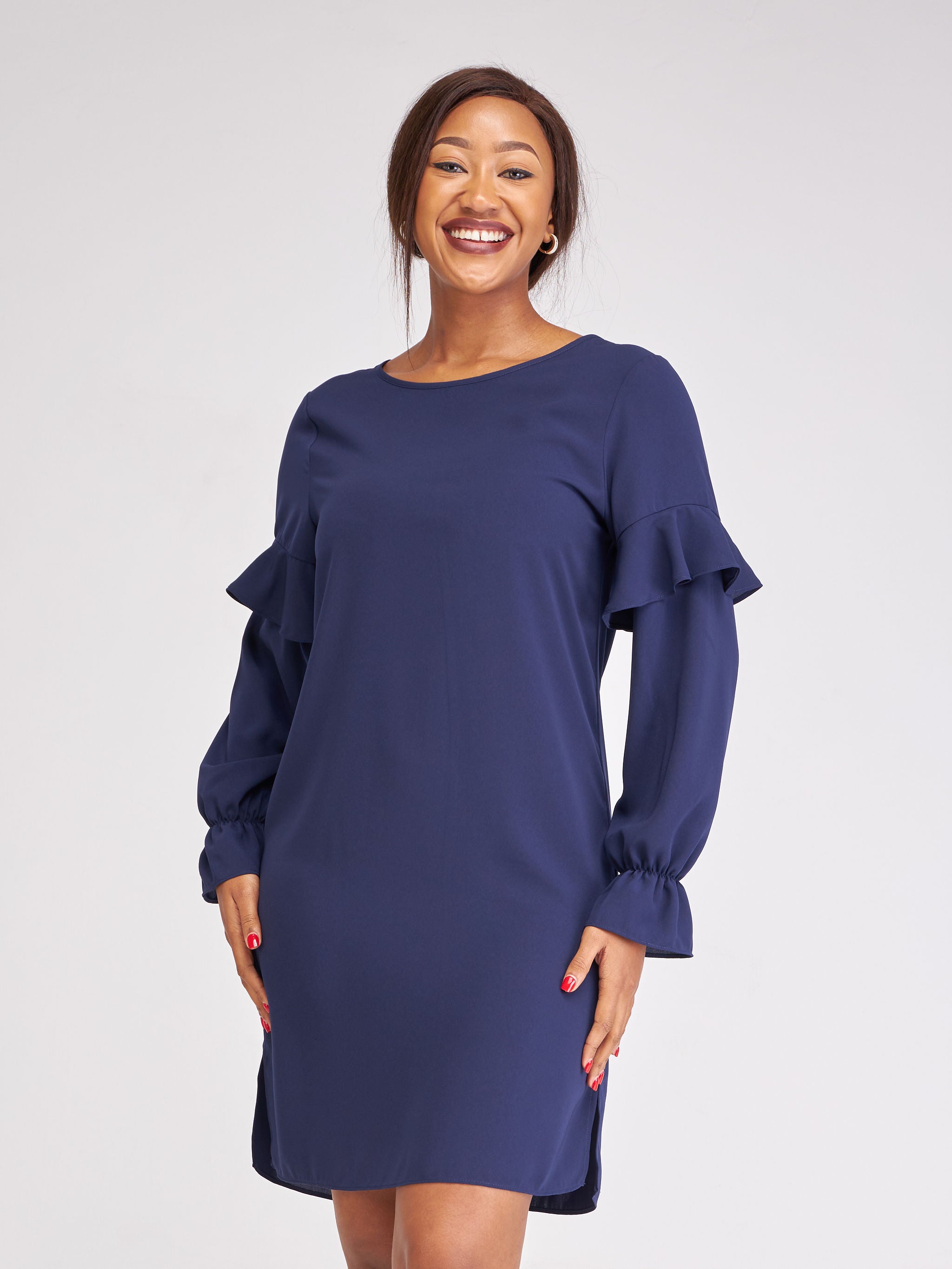 Vivo Ziwa Ruffle Long Sleeve Shift Dress (Petite) - Navy Blue