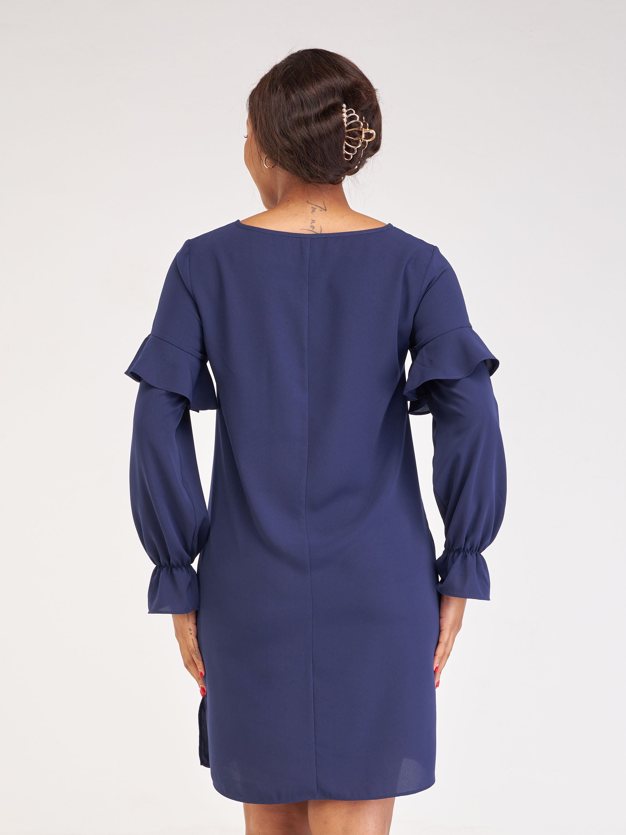 Vivo Ziwa Ruffle Long Sleeve Shift Dress (Petite) - Navy Blue