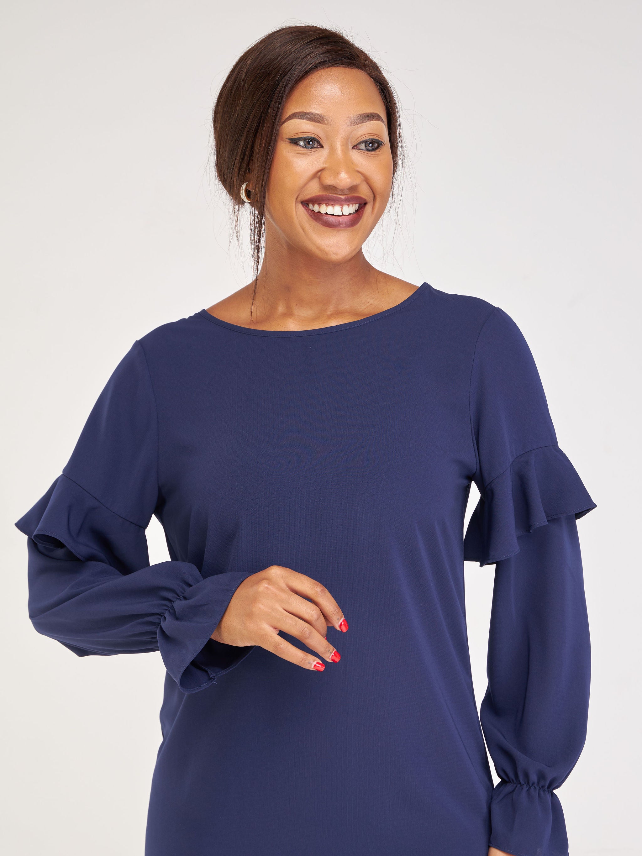 Vivo Ziwa Ruffle Long Sleeve Shift Dress (Petite) - Navy Blue