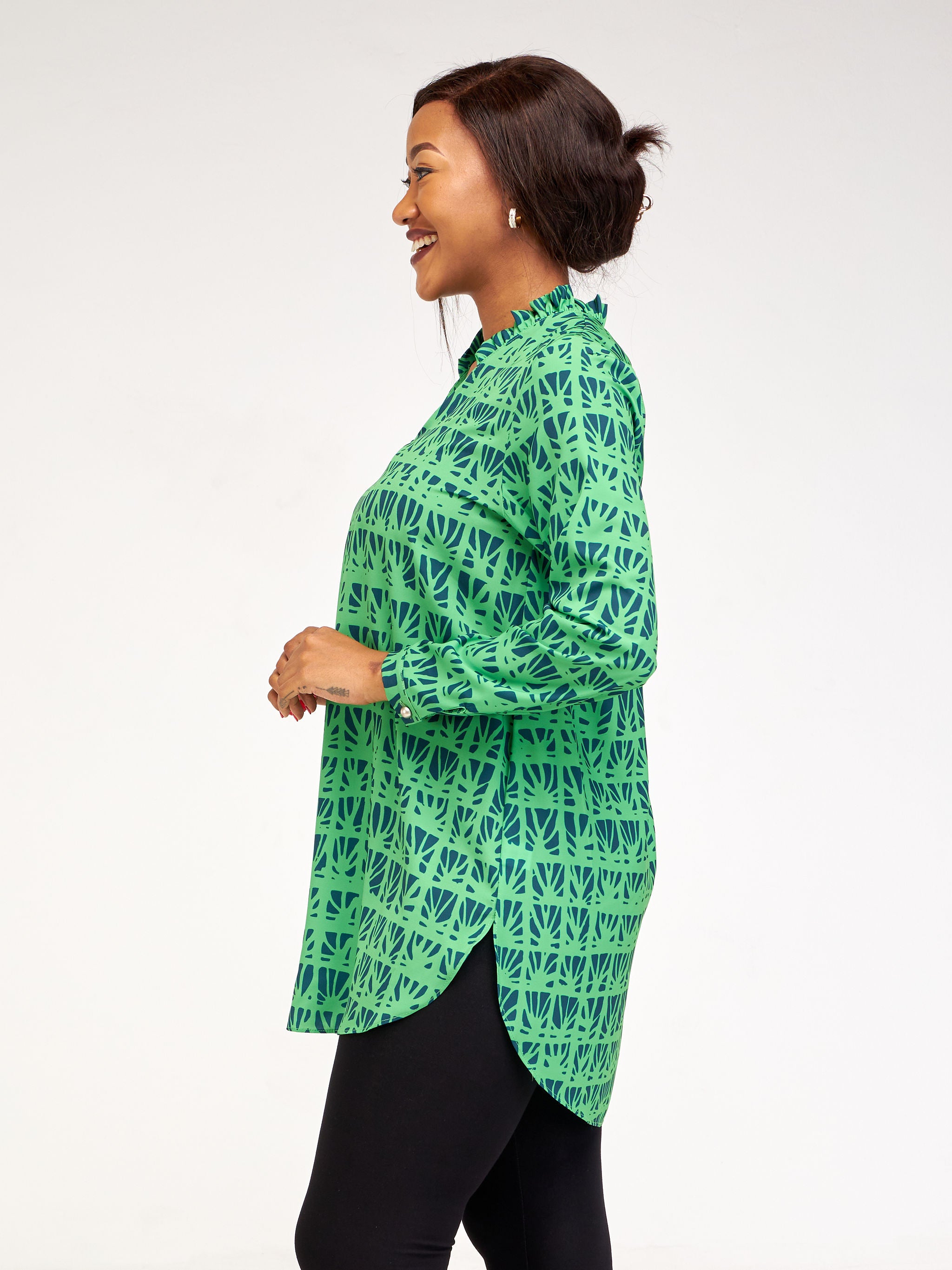 Vivo Ziwa Long Sleeve Ruffled Collar Tunic - Green / Navy Blue Mtende Abstract Print