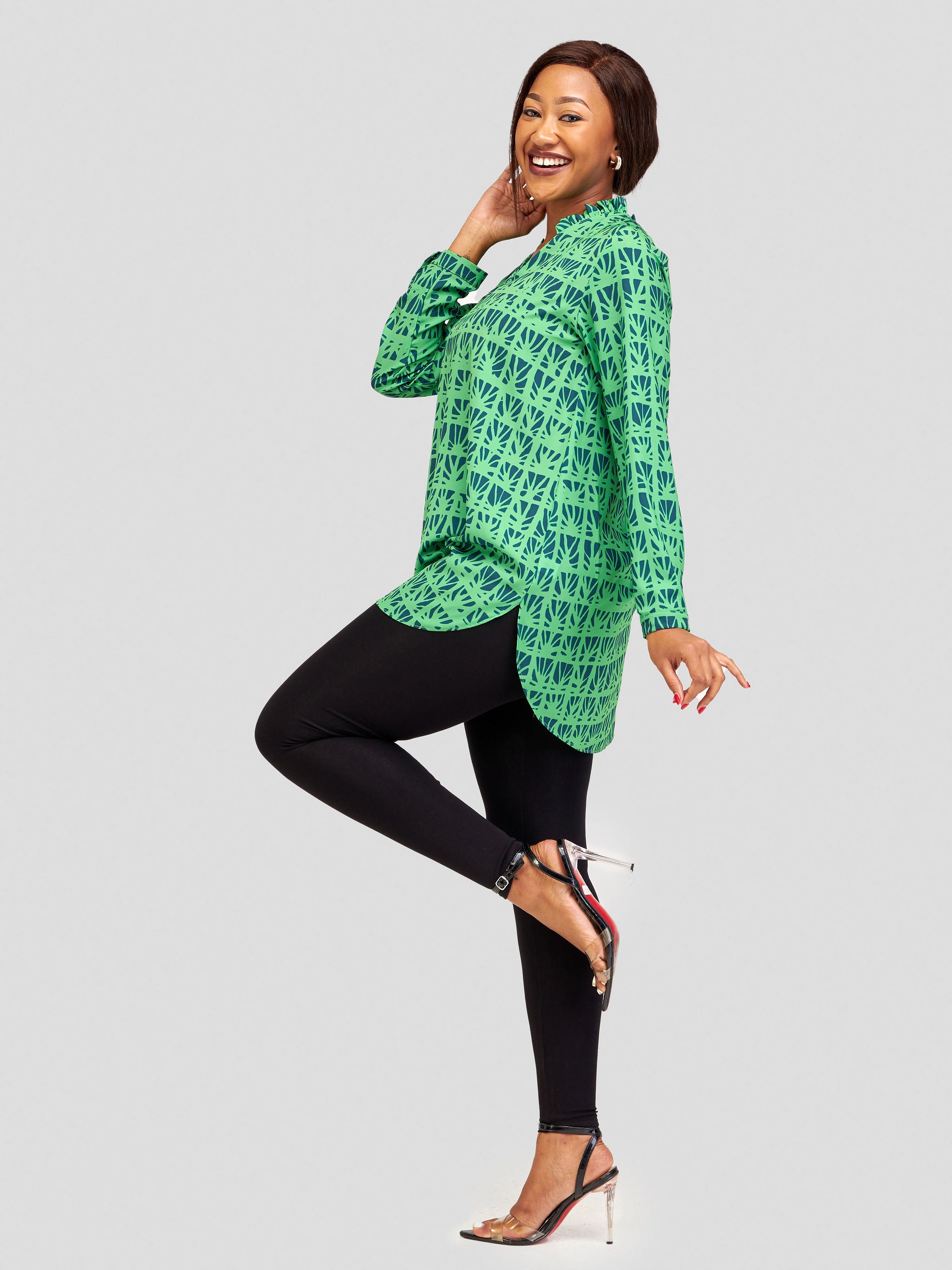 Vivo Ziwa Long Sleeve Ruffled Collar Tunic - Green / Navy Blue Mtende Abstract Print