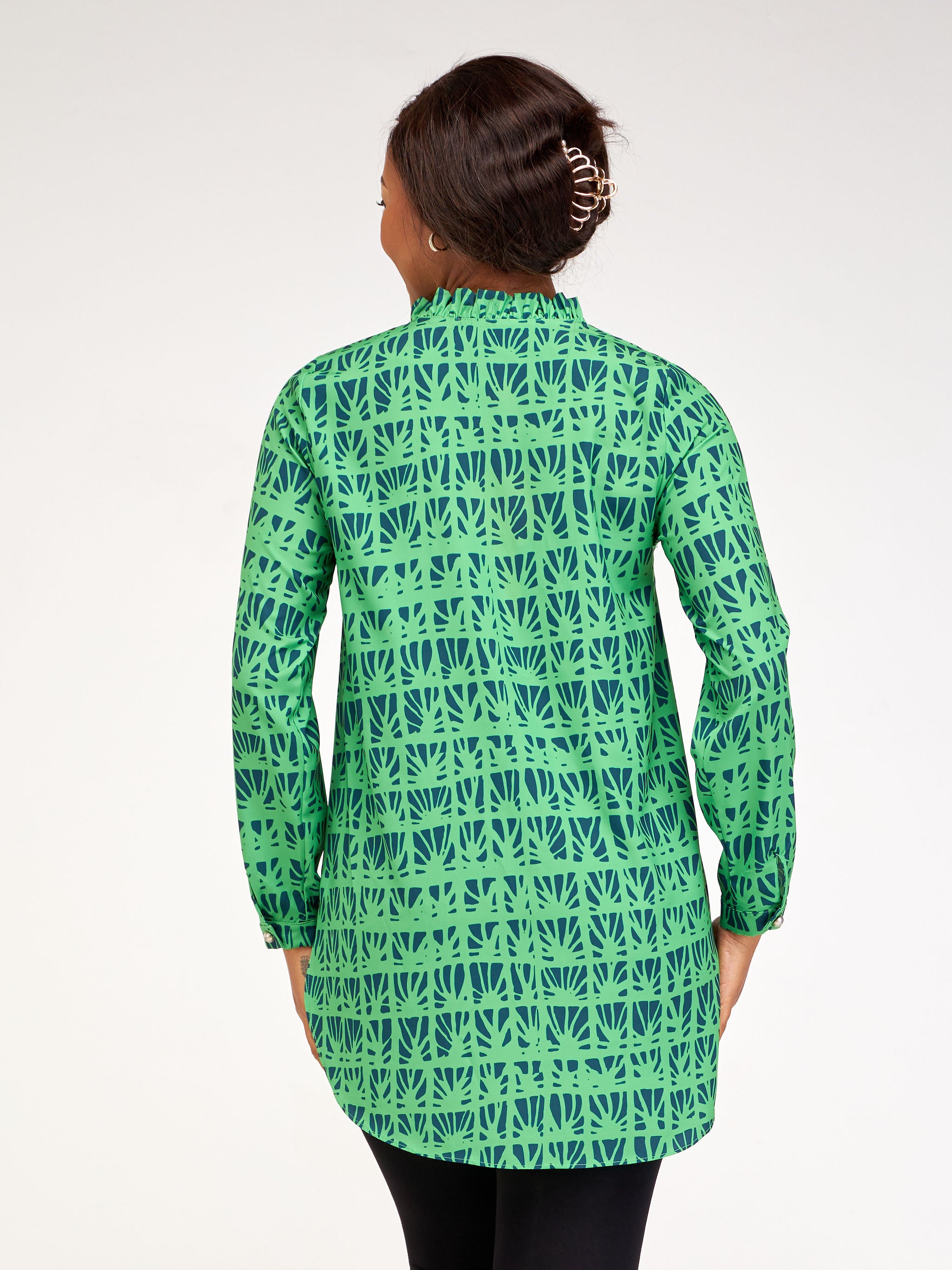 Vivo Ziwa Long Sleeve Ruffled Collar Tunic - Green / Navy Blue Mtende Abstract Print