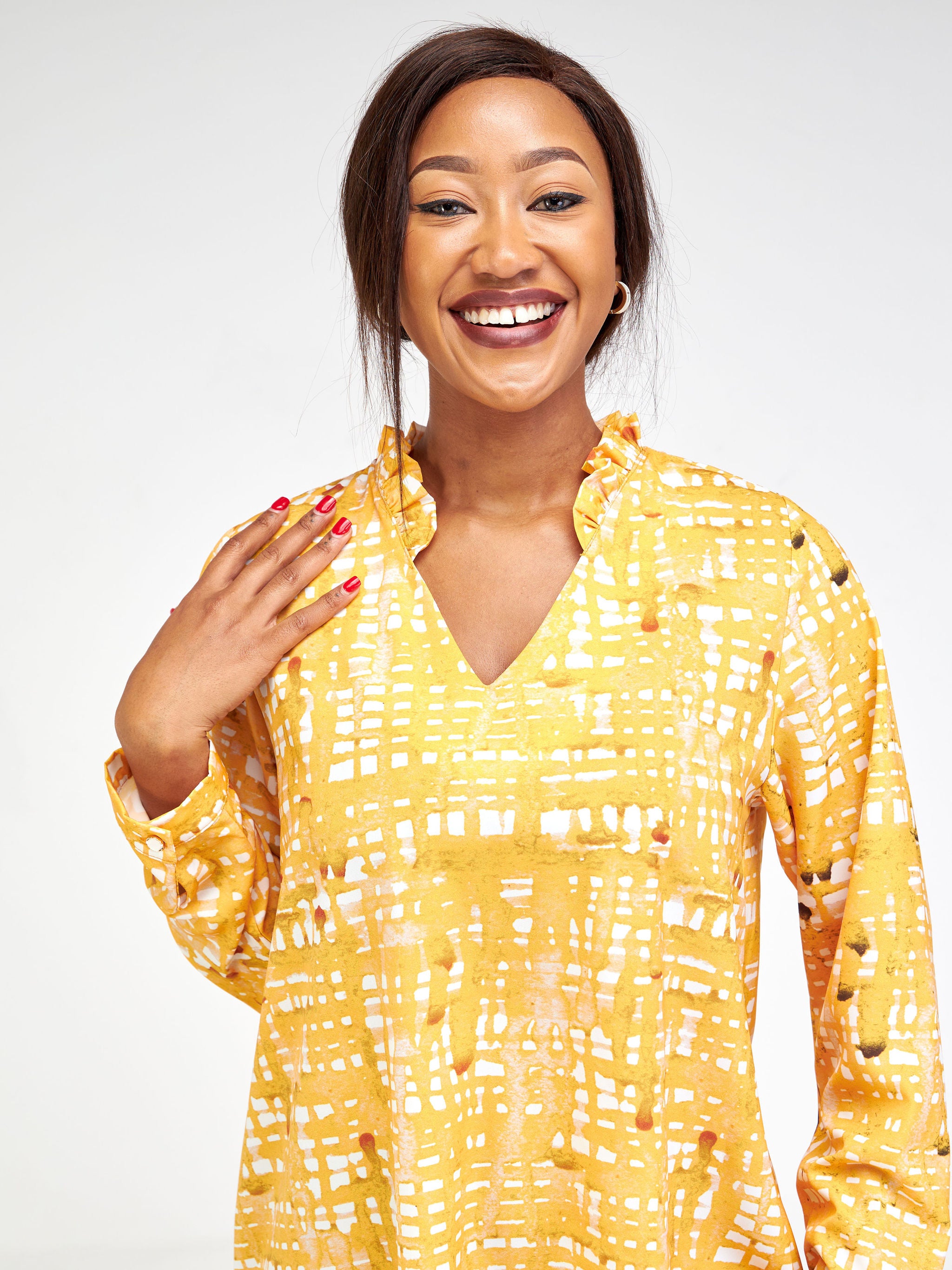 Vivo Ziwa Long Sleeve Ruffled Collar Tunic - Mustard / Off White Zuri Abstract Print