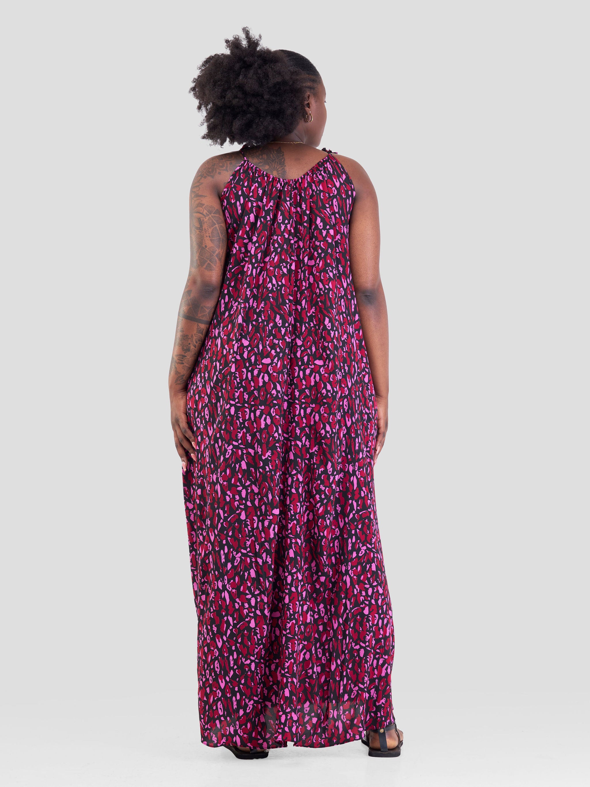 Vivo Maisha Strappy Maxi Cover Up Dress - Pink / Black Abstract Print