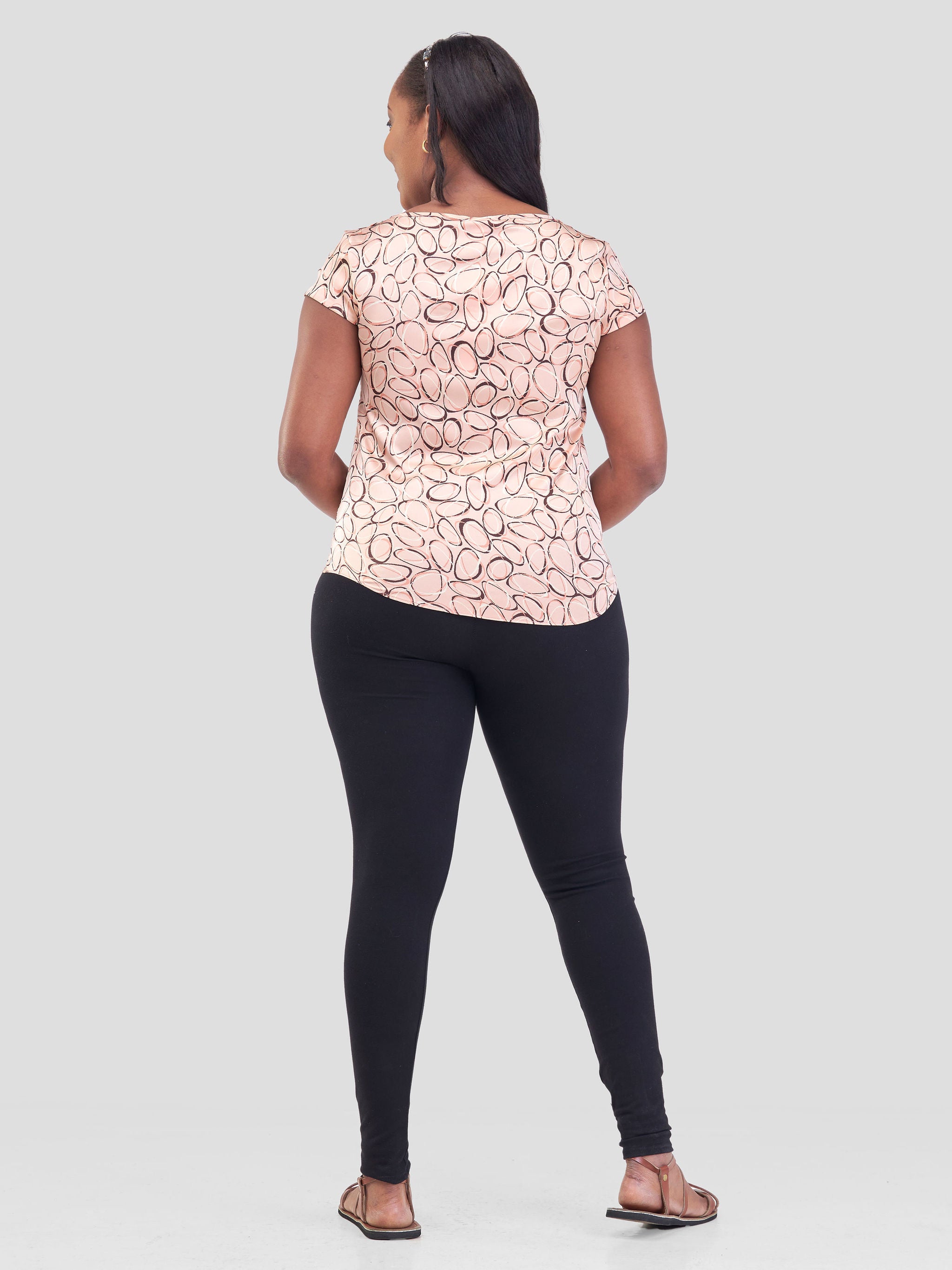 Vivo Basic Satin Cap Sleeve Top - Light Pink / Brown Print