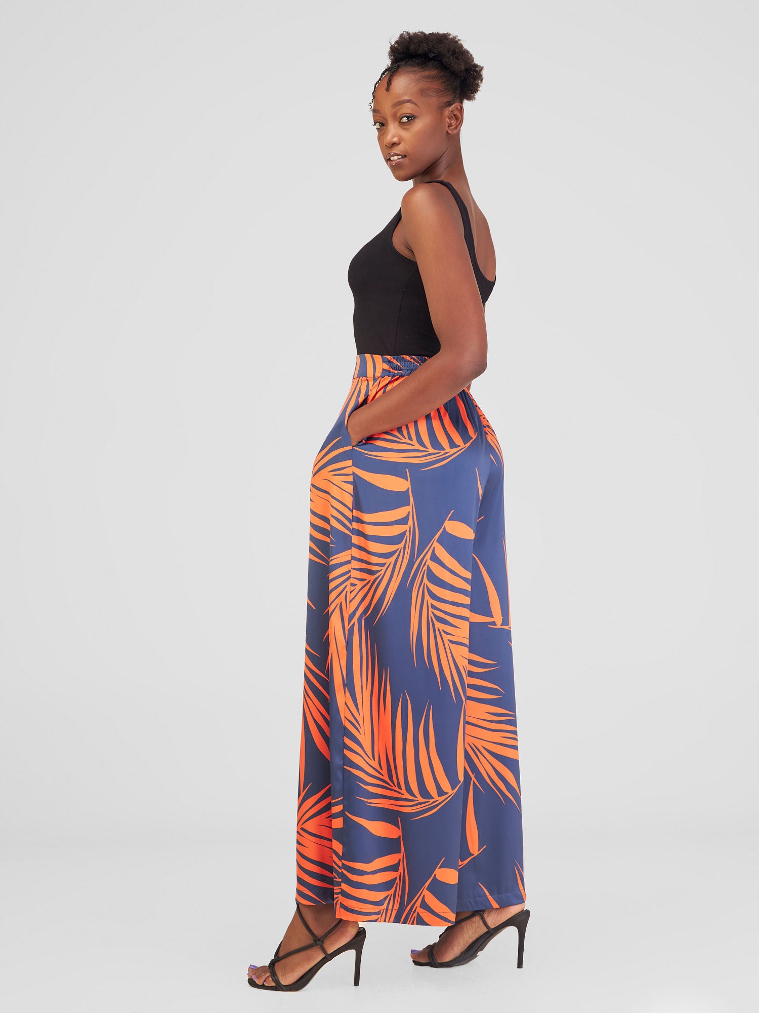 Vivo Alika High Waist Pants - Navy Blue / Orange Siri Print