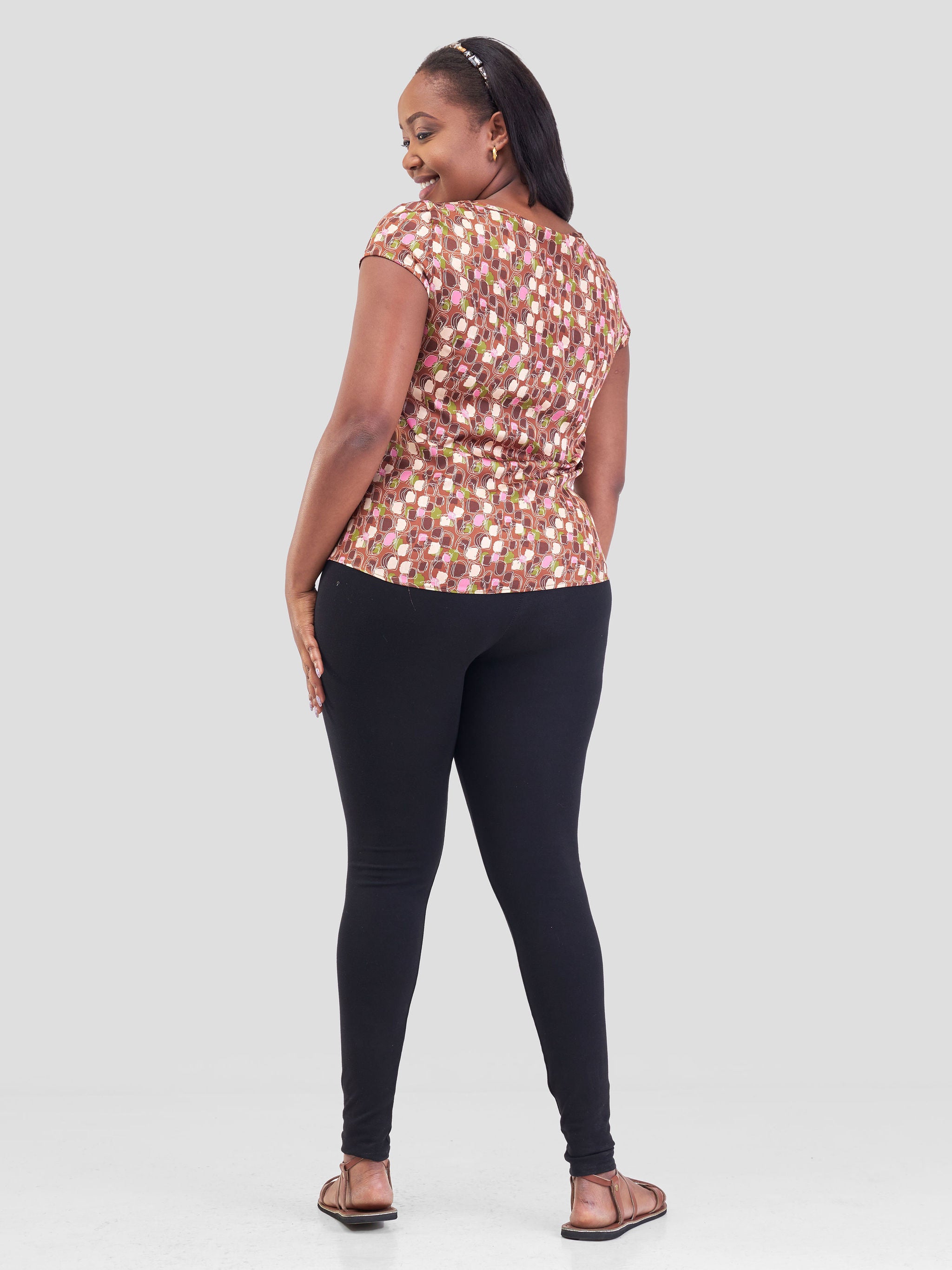 Vivo Basic Satin Cap Sleeve Top - Brown / Pink Abstract