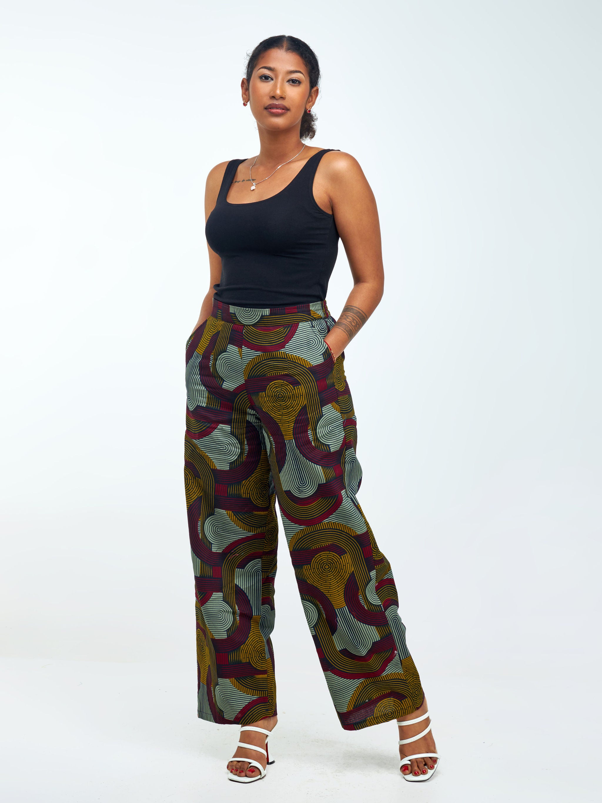 Vivo Kitenge Wide Leg Pants - Dark Mustard / Burgundy Ankara Print