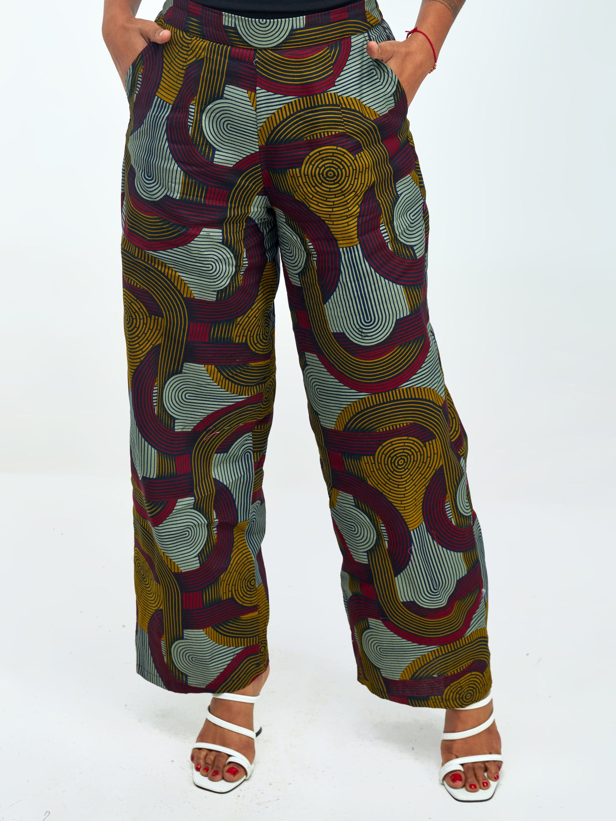 Vivo Kitenge Wide Leg Pants - Dark Mustard / Burgundy Ankara Print