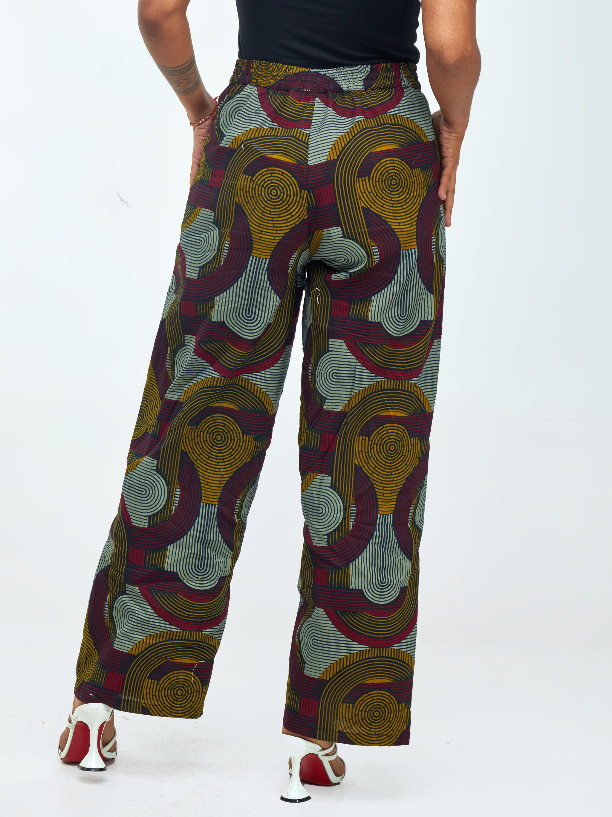 Vivo Kitenge Wide Leg Pants - Dark Mustard / Burgundy Ankara Print