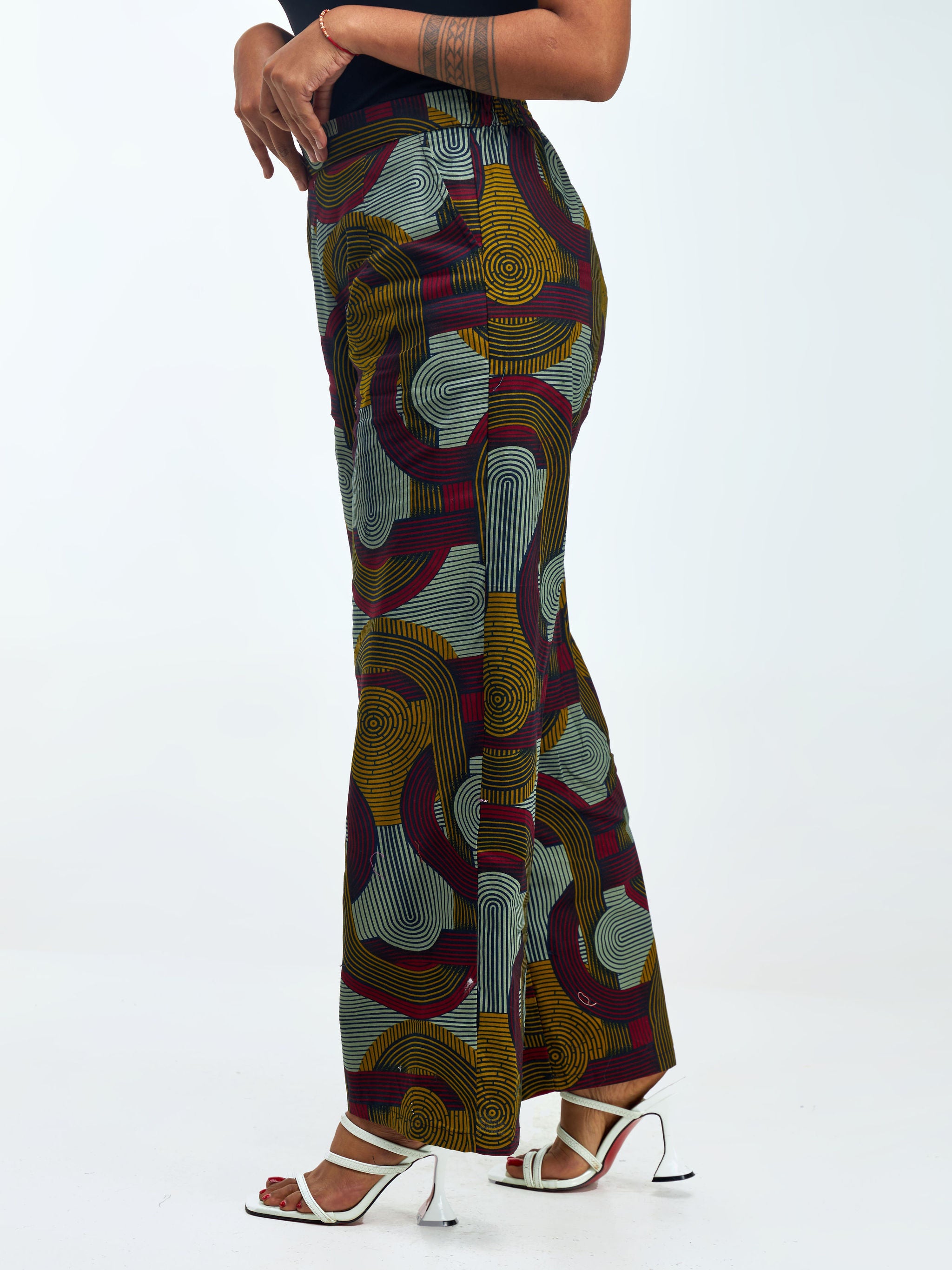 Vivo Kitenge Wide Leg Pants - Dark Mustard / Burgundy Ankara Print