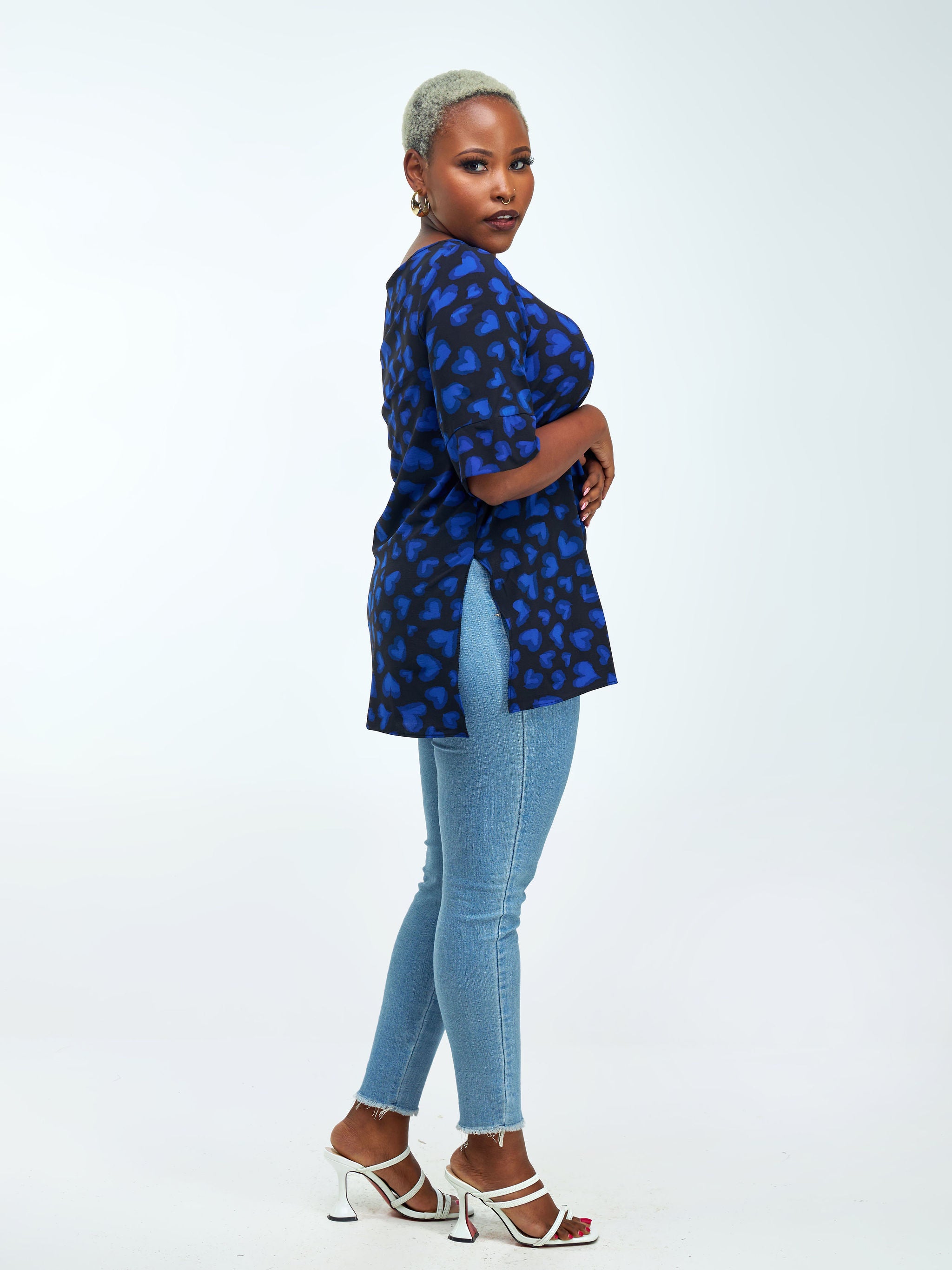 Vivo Maisha Tunic Top - Black / Blue Love Heart Print