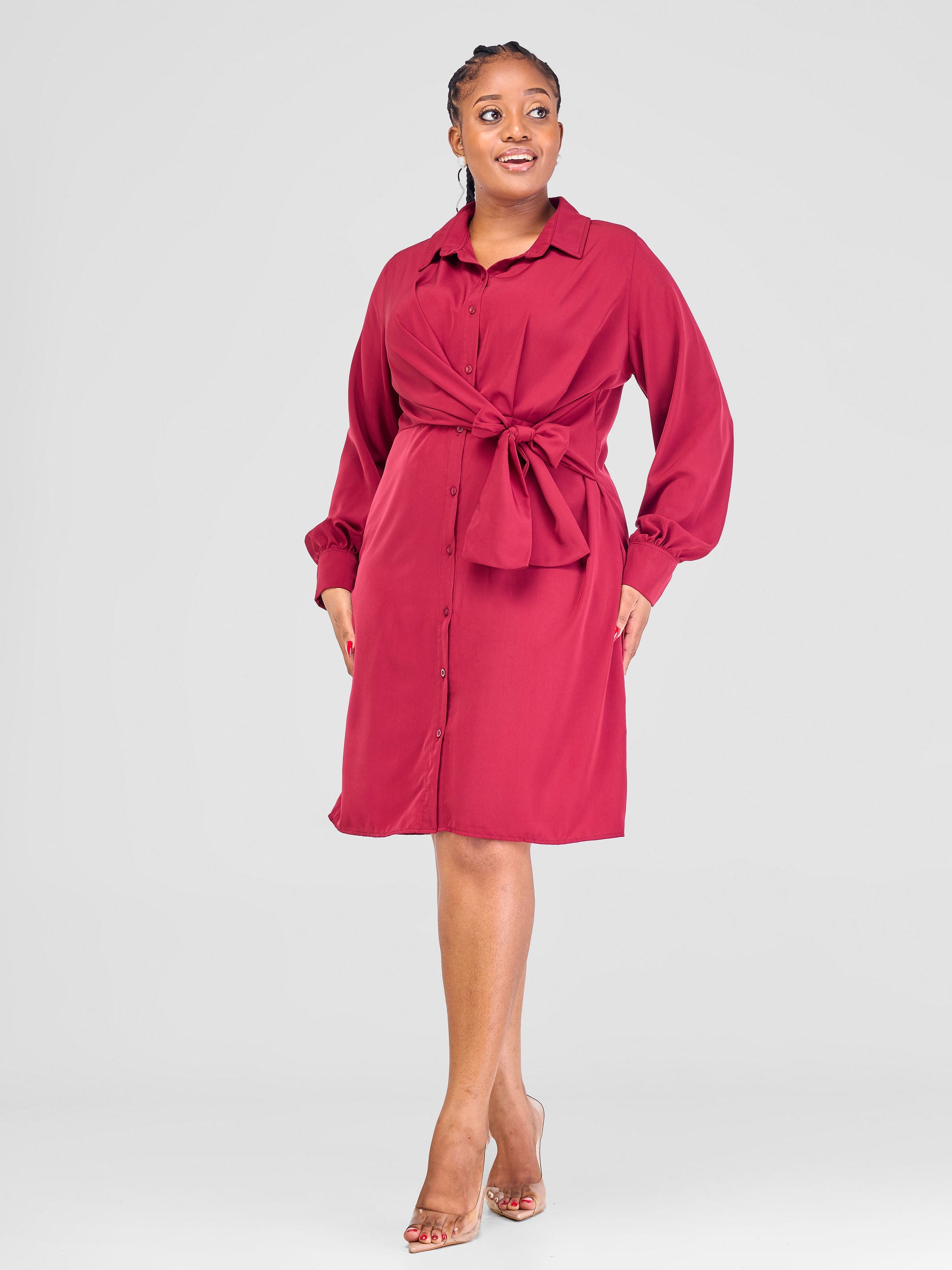 Vivo Arafa Long Sleeve Tie Dress - Maroon