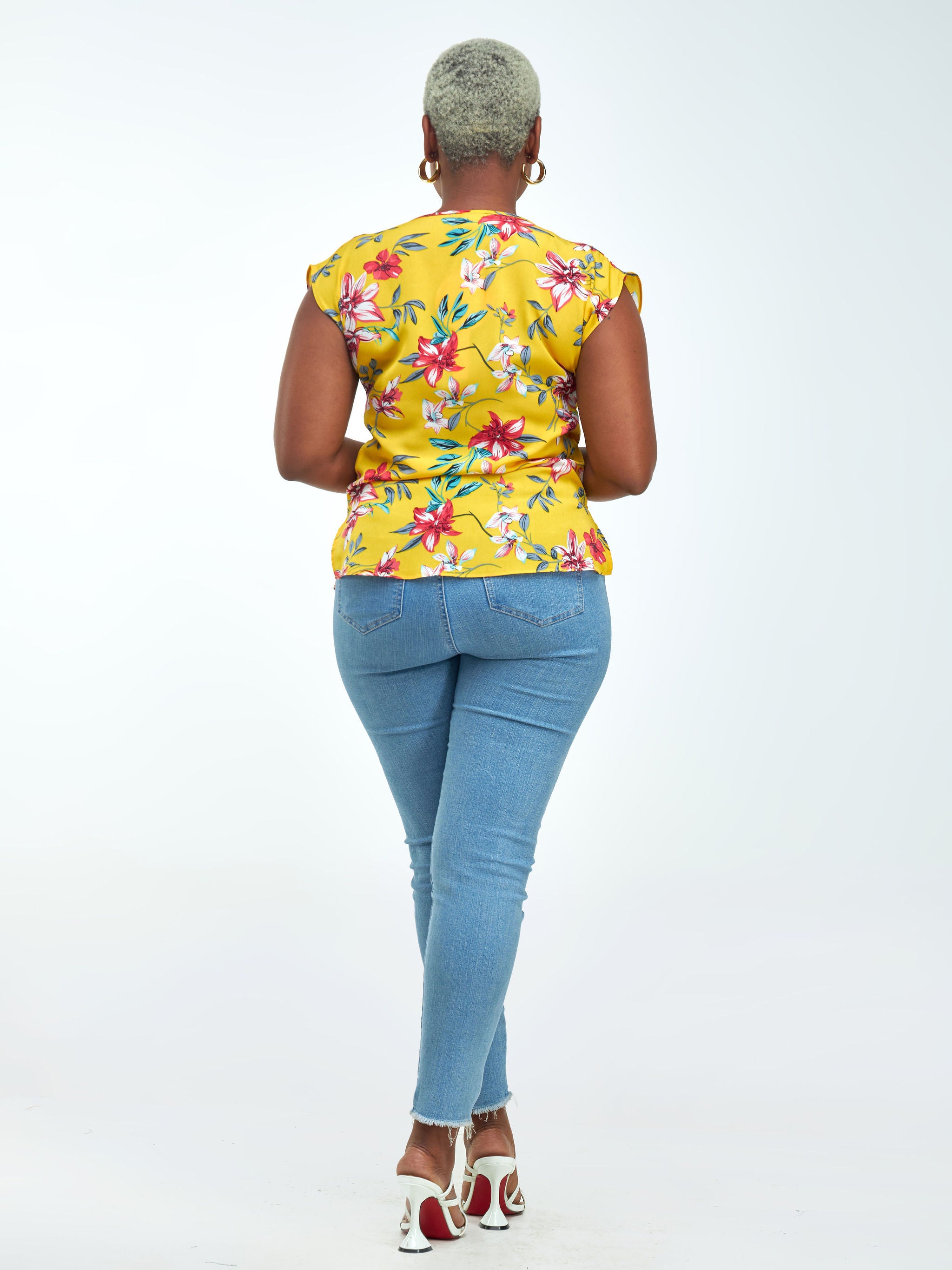 Vivo Fahari Drop Shoulder Cowl Top - Yellow / Pink Floral Print
