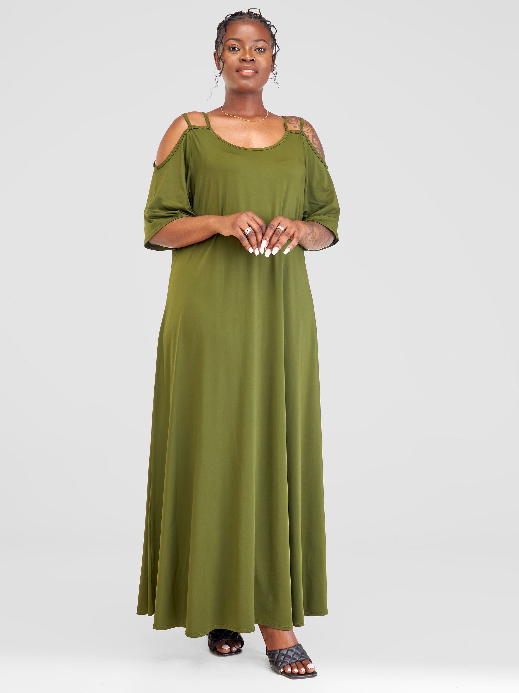 Green cold shoulder maxi dress hotsell