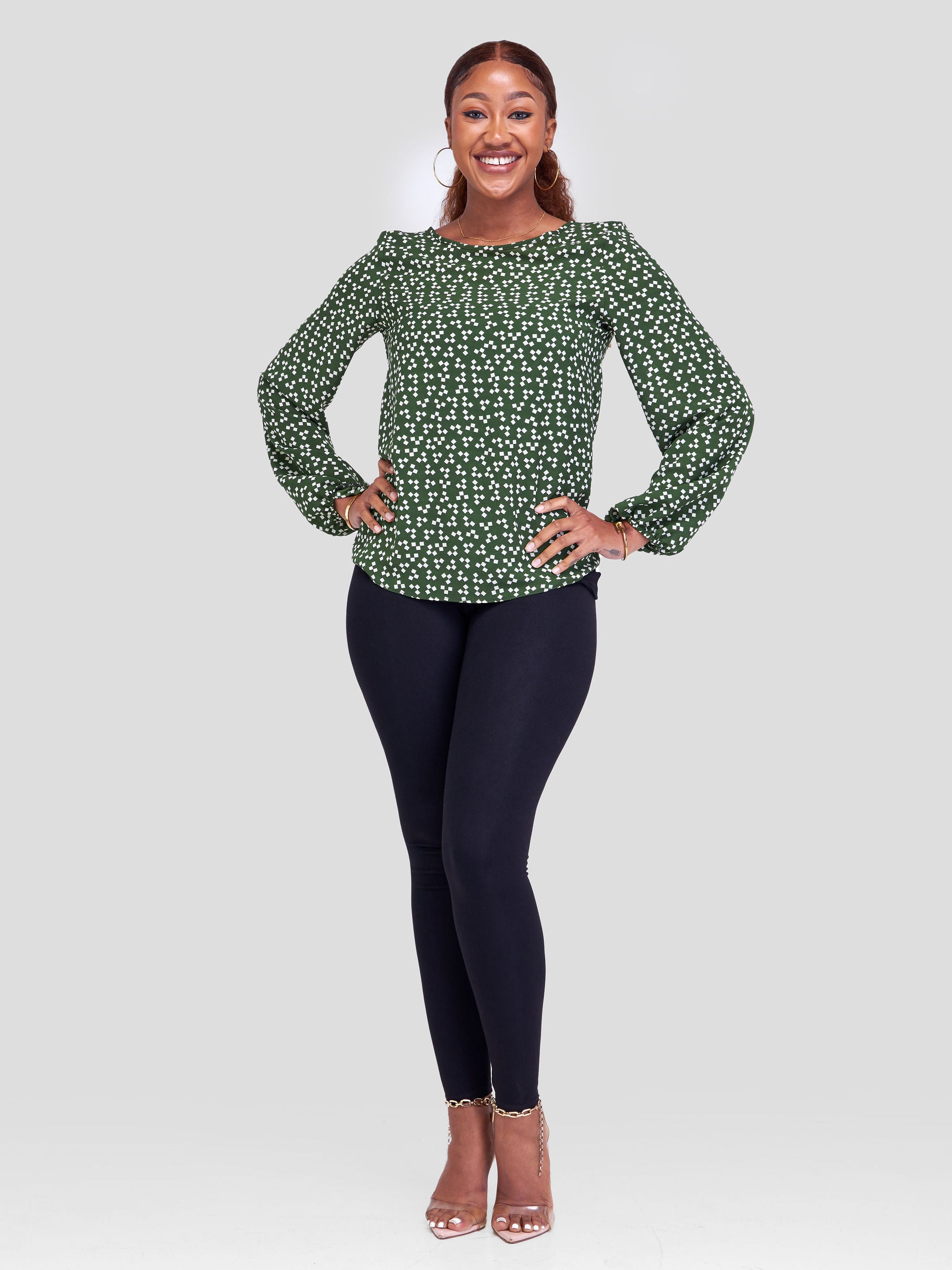 Vivo Basic Long Sleeved Bishop Top - Hunters Green / White Abstract Print