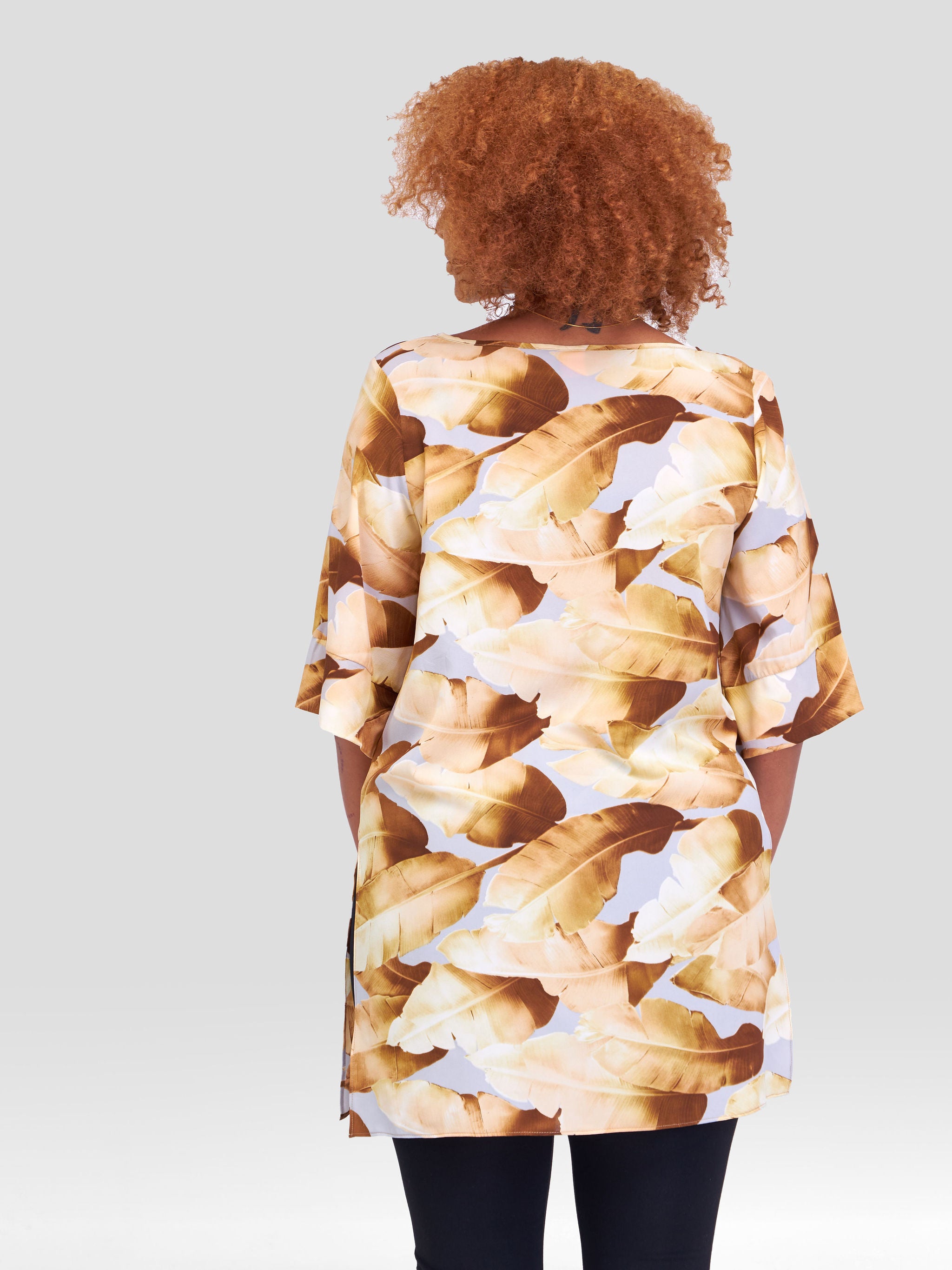 Vivo Maisha Tunic Top - Grey / Taupe Leaf Print