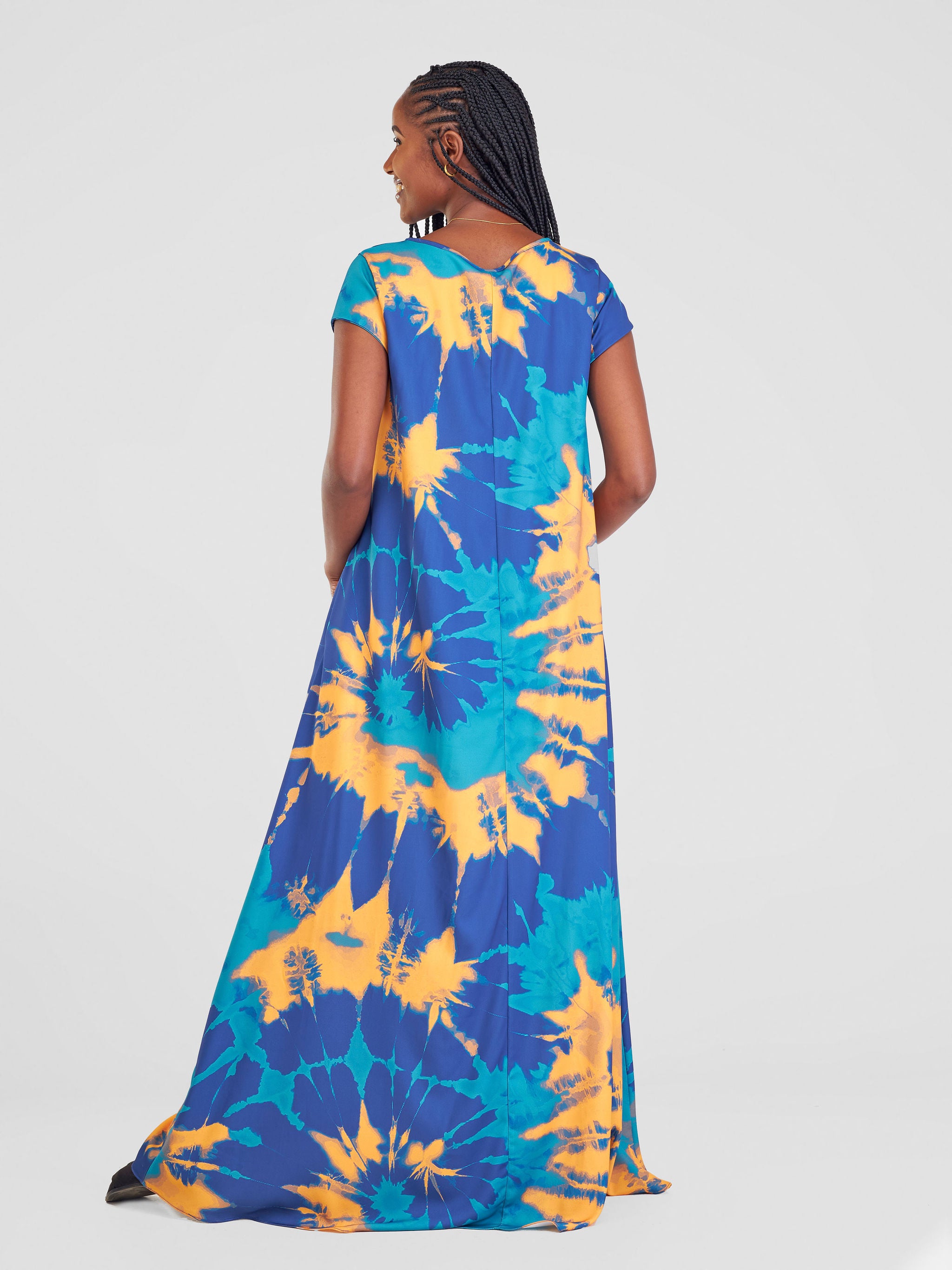 Vivo Basic Cap Sleeve Maxi Tent Dress - Navy / Mustard Tanta Print