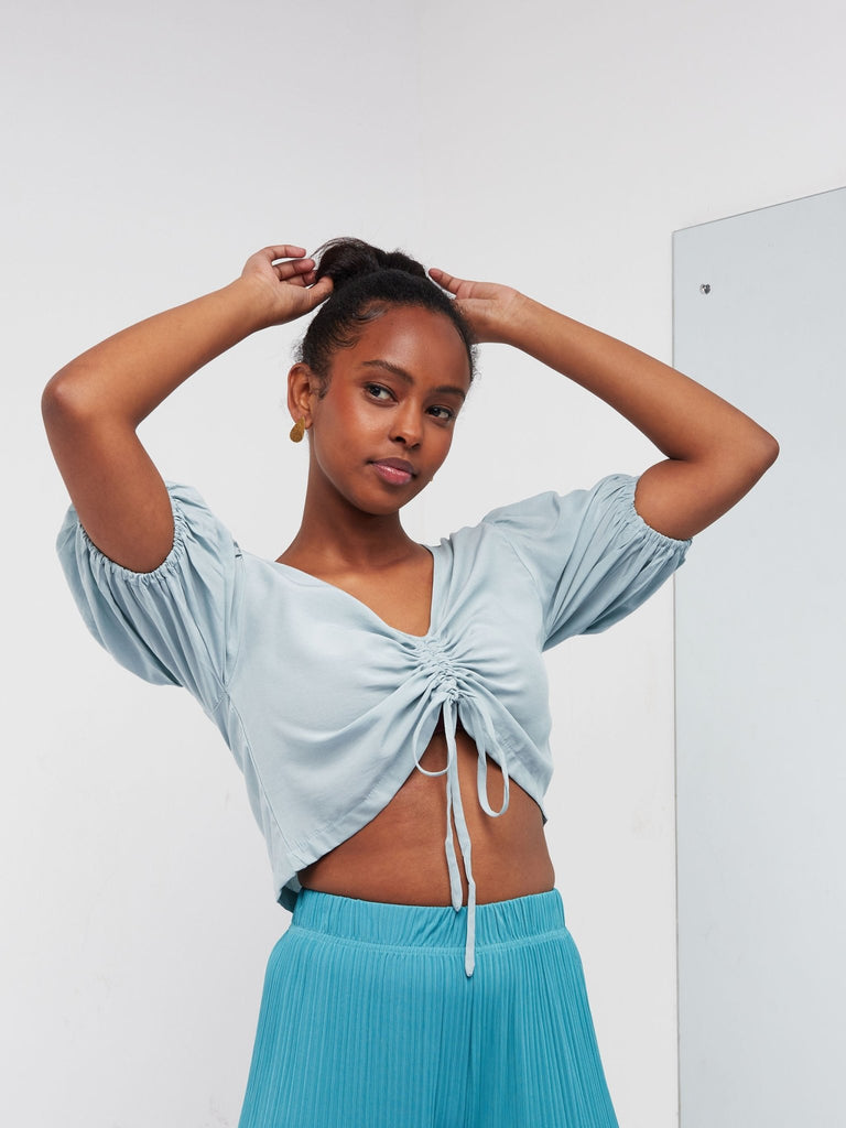 Anika Puffed Sleeve Crop Top with Centre Draw String - Pastel Blue - Shop Zetu Kenya