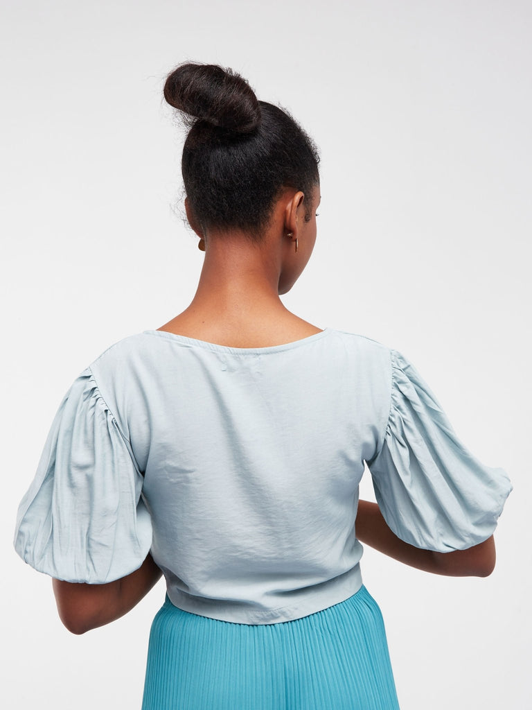 Anika Puffed Sleeve Crop Top with Centre Draw String - Pastel Blue - Shop Zetu Kenya