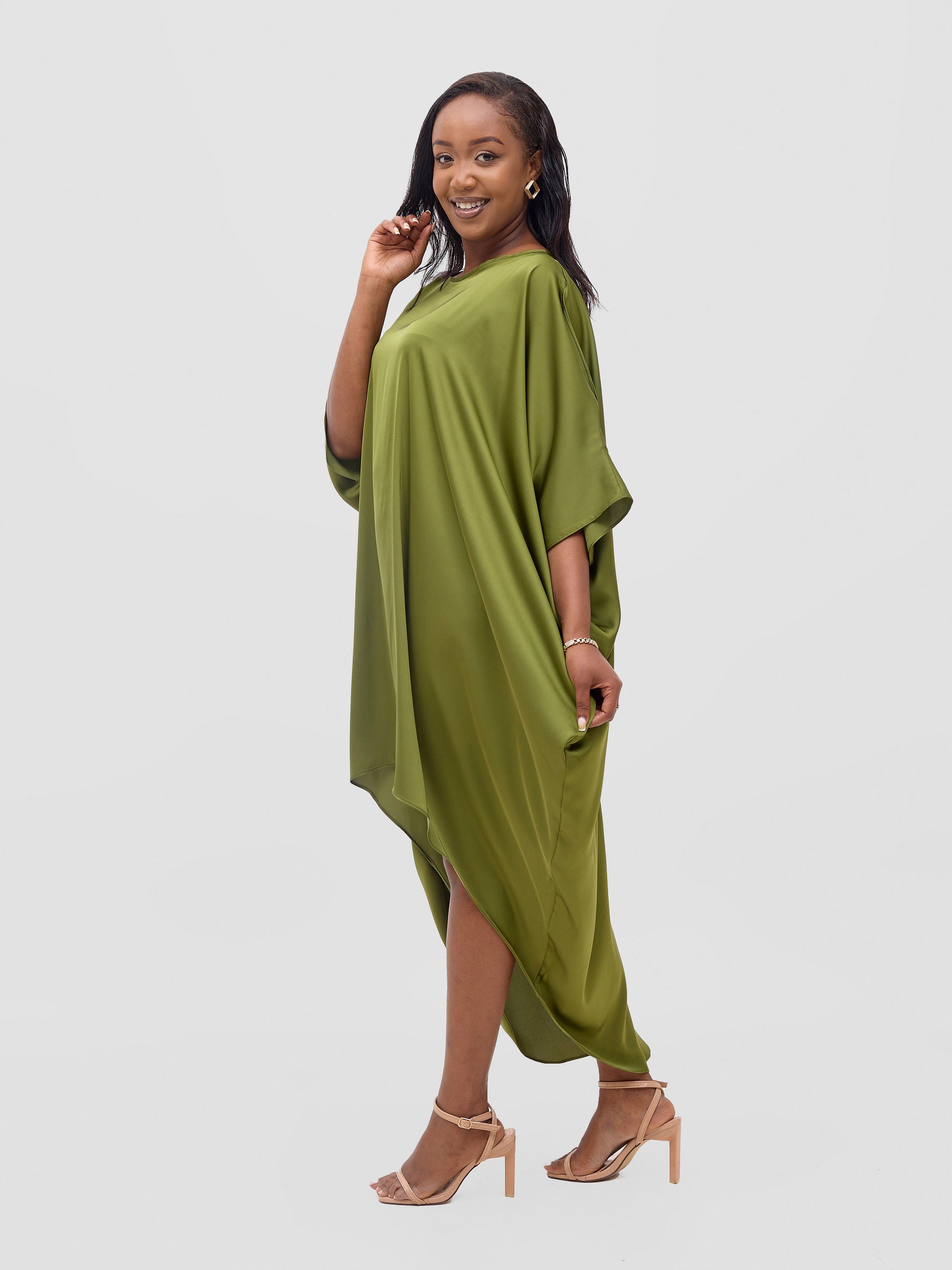 Vivo Lani Satin High Low Dress - Olive