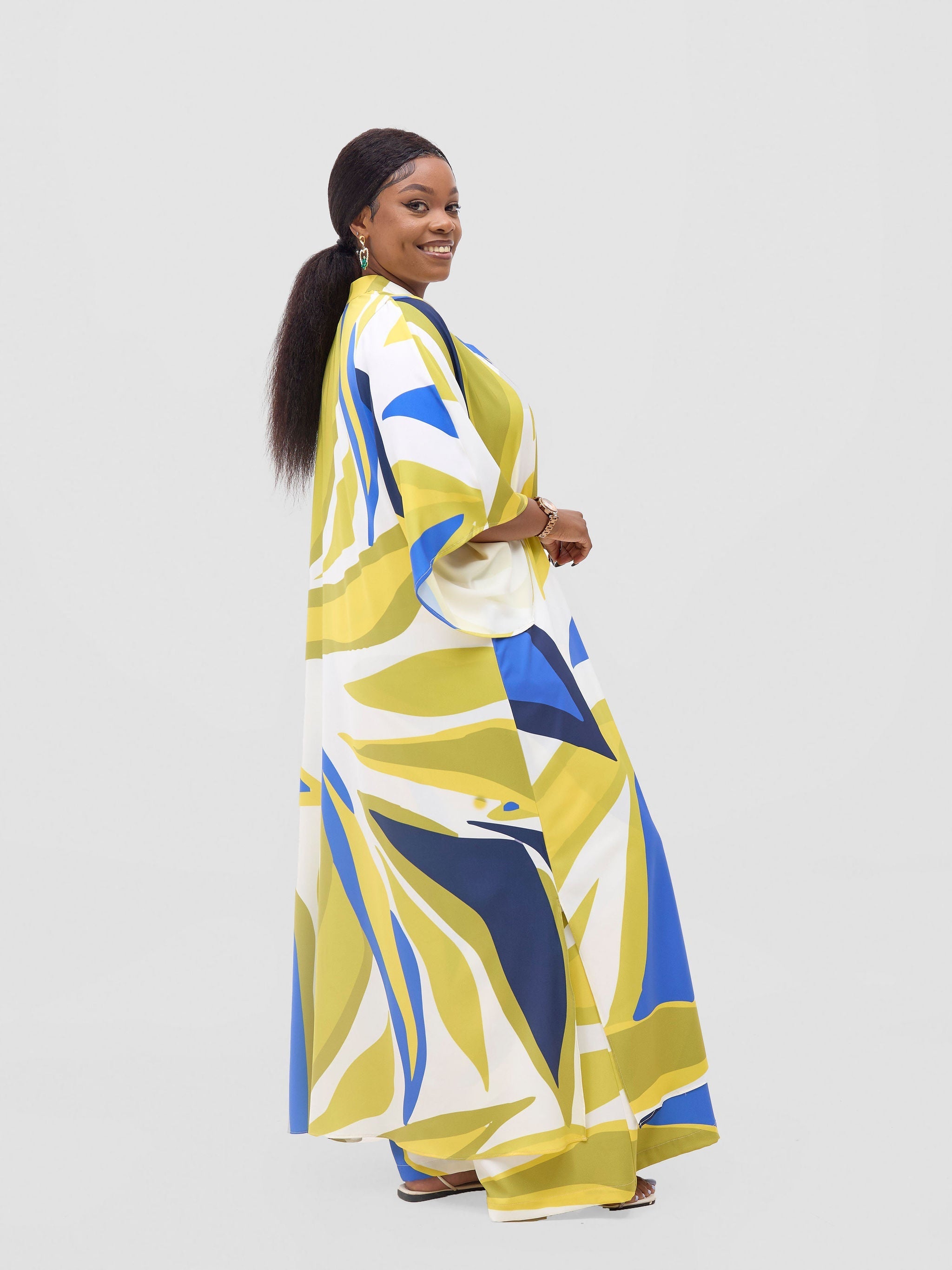 Vivo Kelemi Flared Sleeve Kimono MG - Royal Blue  / Green Lana Print