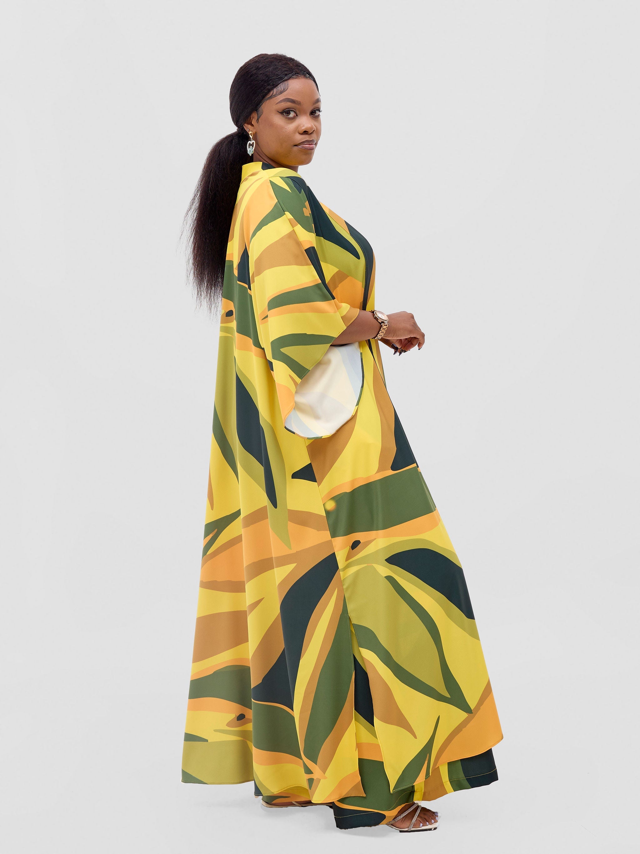 Vivo Kelemi Flared Sleeve Kimono - Yellow / Green Lana Print