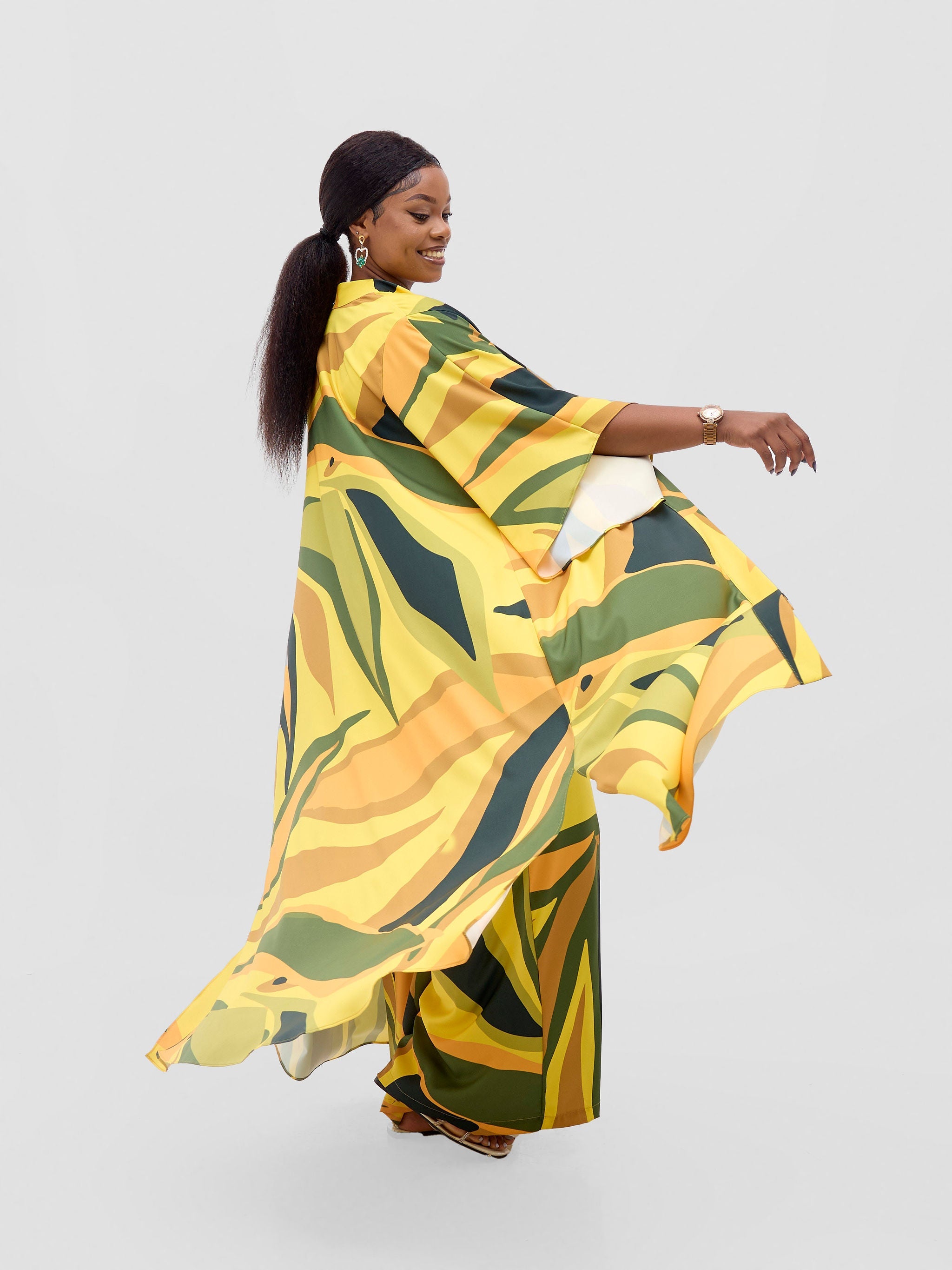 Vivo Kelemi Flared Sleeve Kimono - Yellow / Green Lana Print