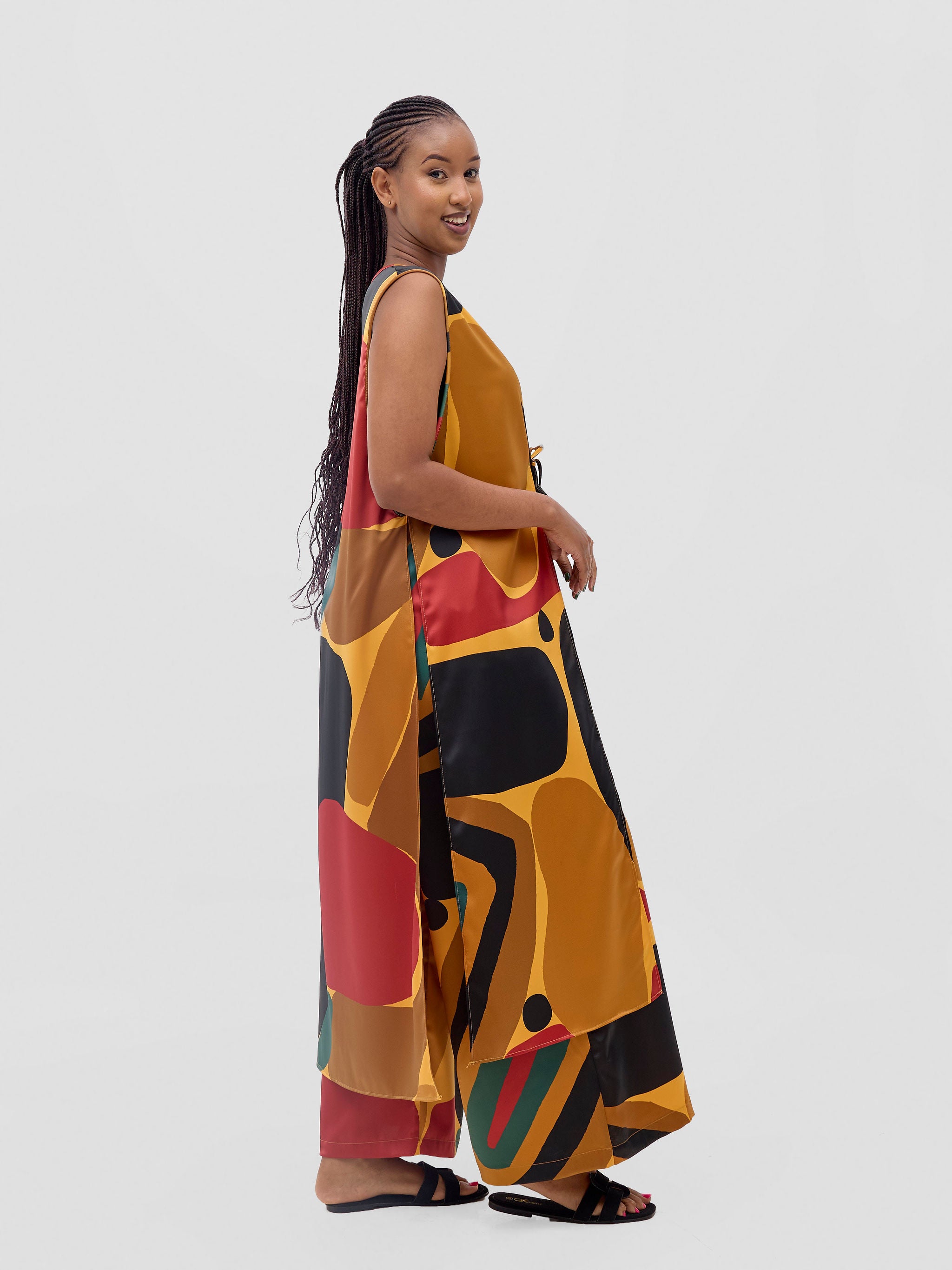 Vivo Kelemi Sleeveless Side Tie Top- Mustard / Red Waso Print