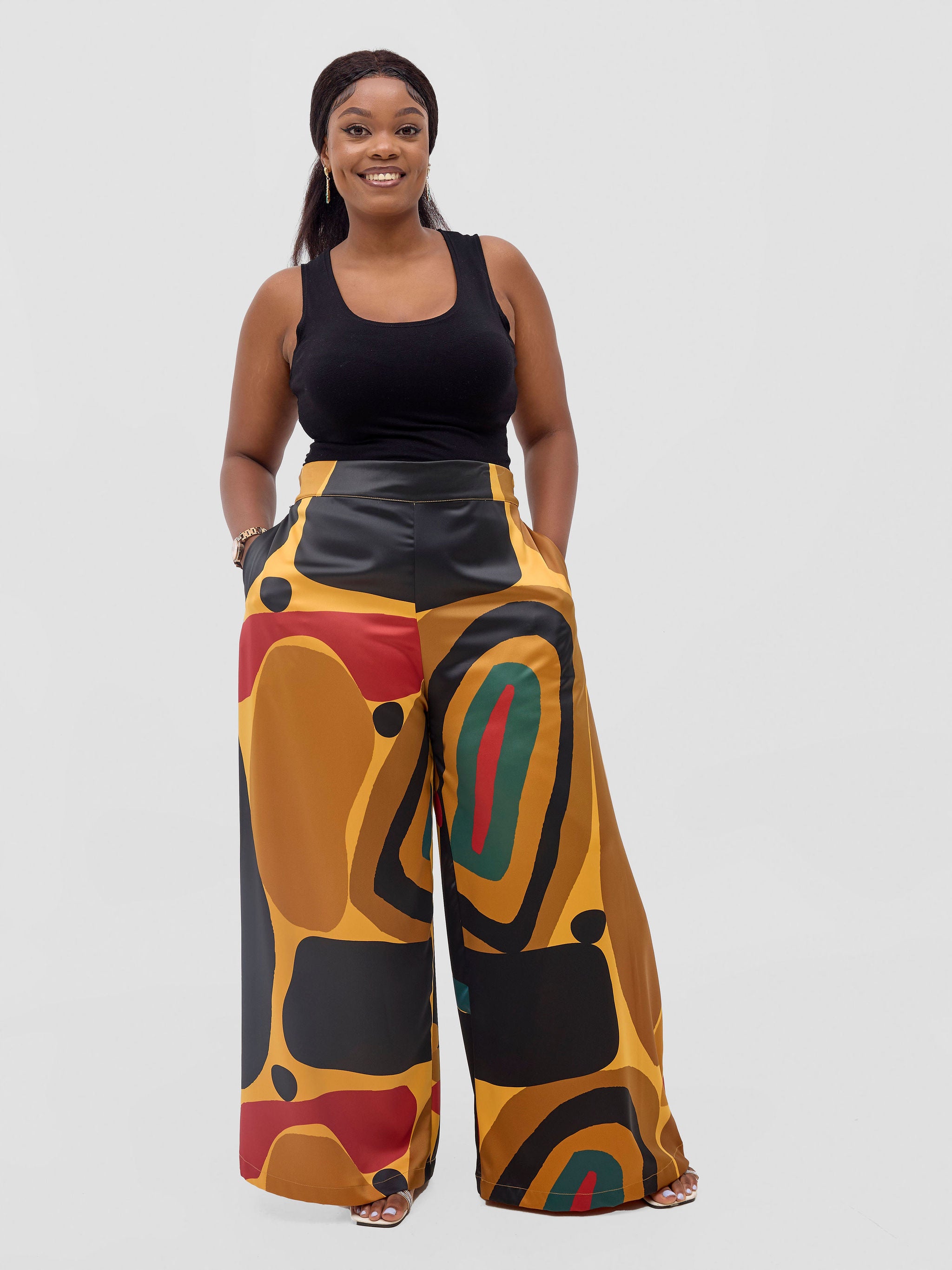 Vivo Kelemi Satin Pants - Mustard / Red Waso Print