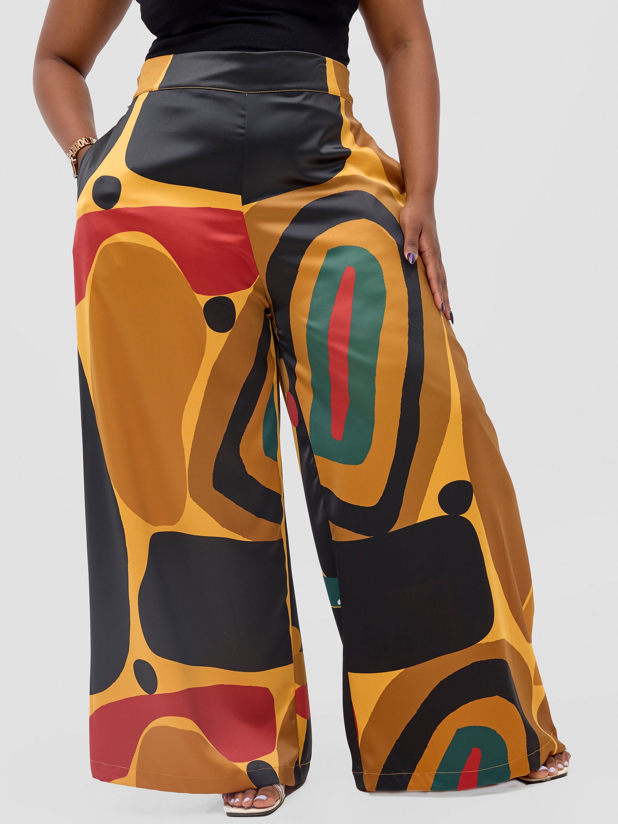 Vivo Kelemi Satin Pants - Mustard / Red Waso Print