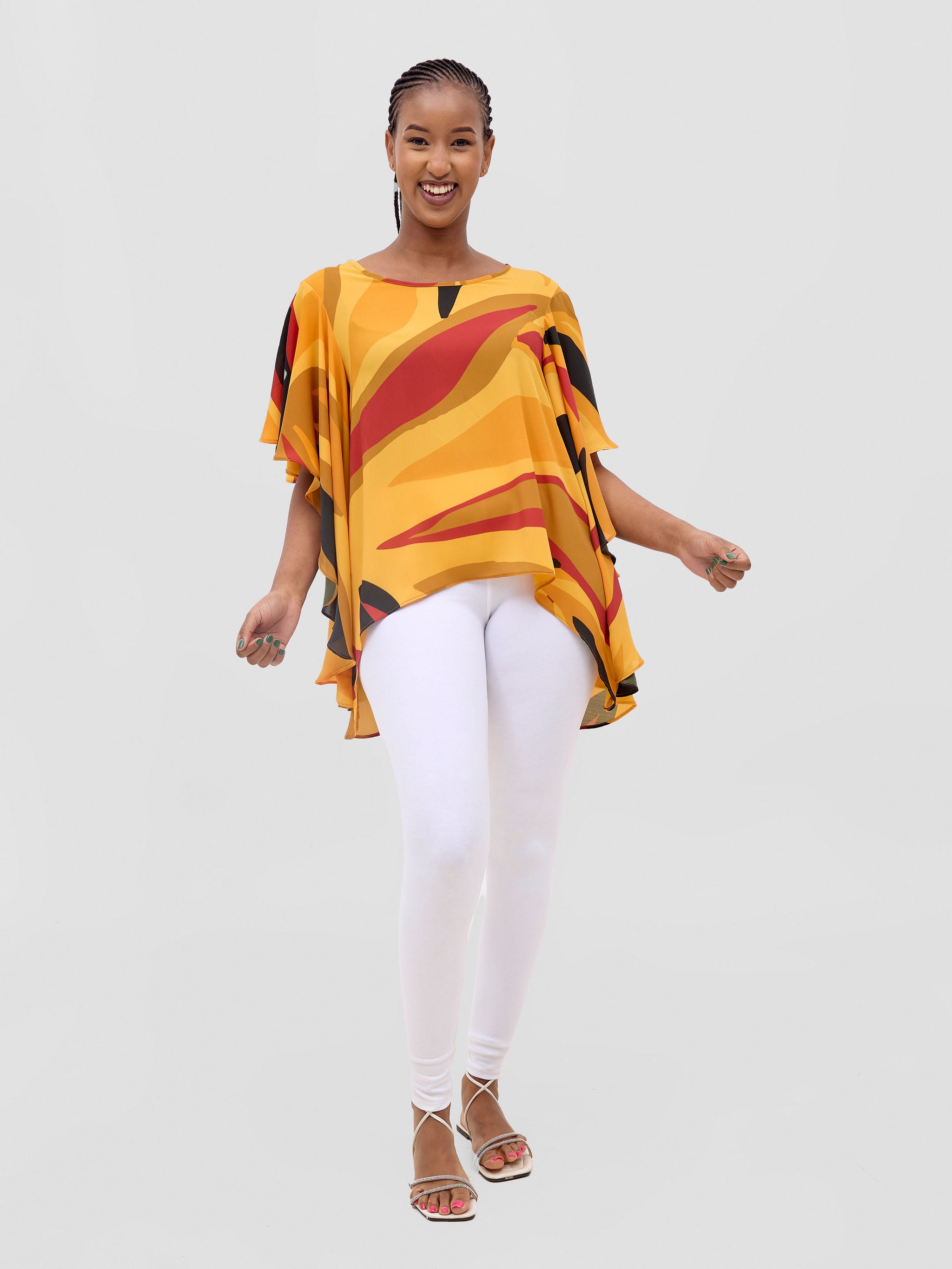 Vivo Kelemi Ruffle Sleeve Top - Mustard / Burgundy Lana Print